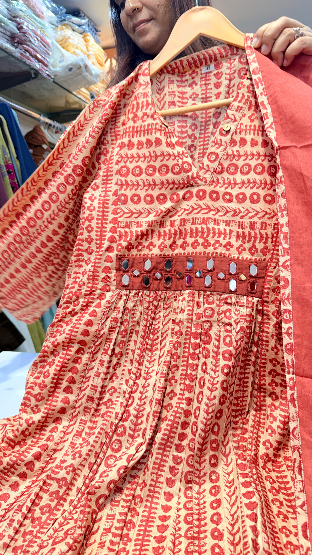 Beige & Rust Printed Cotton Suit Set