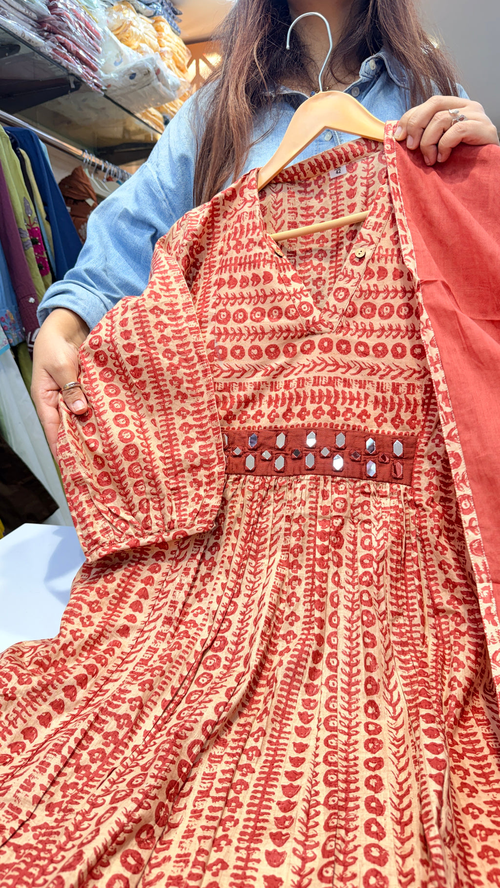 Beige & Rust Printed Cotton Suit Set