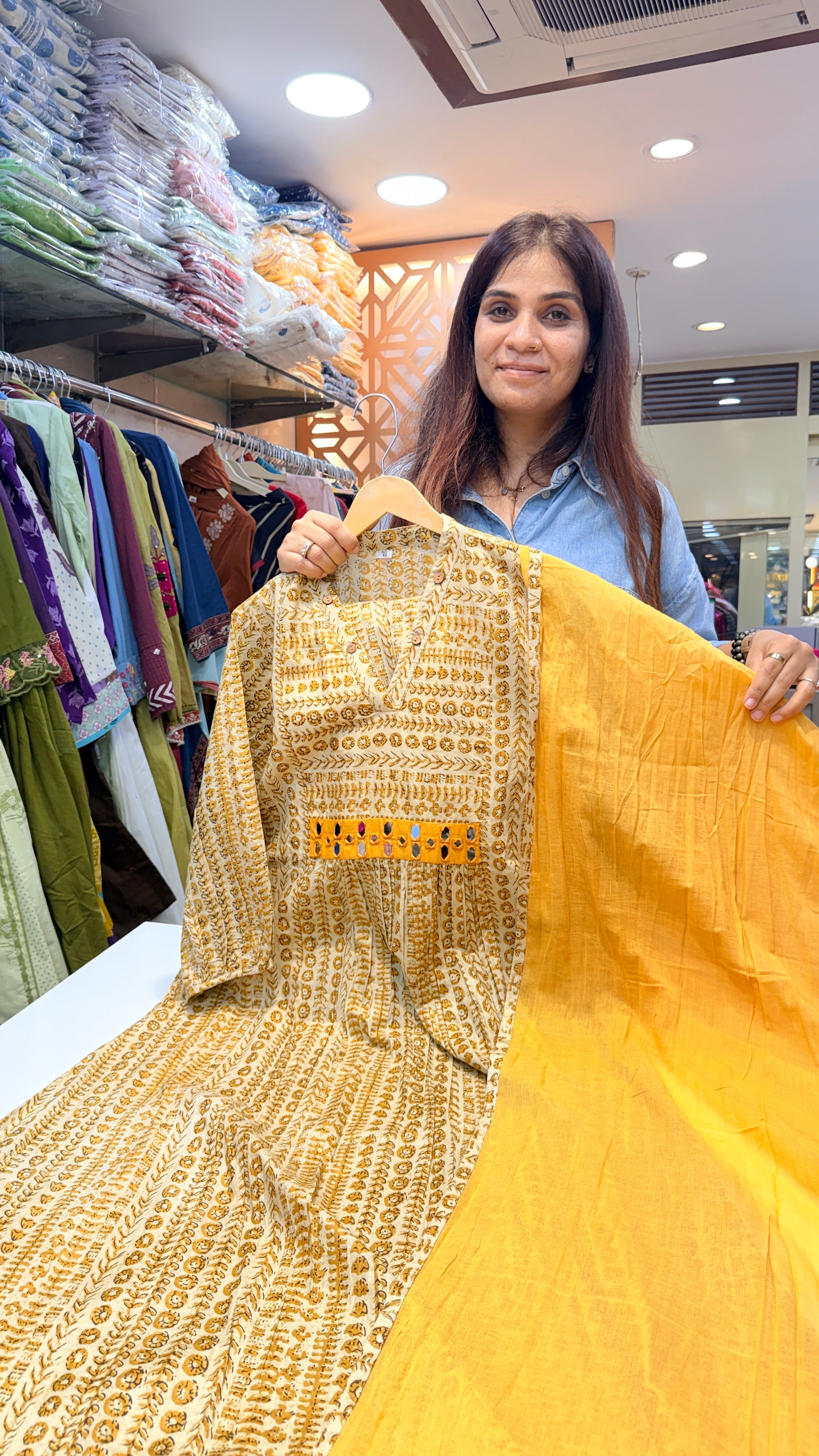 Ivory & Mustard Printed Cotton Kurta Set