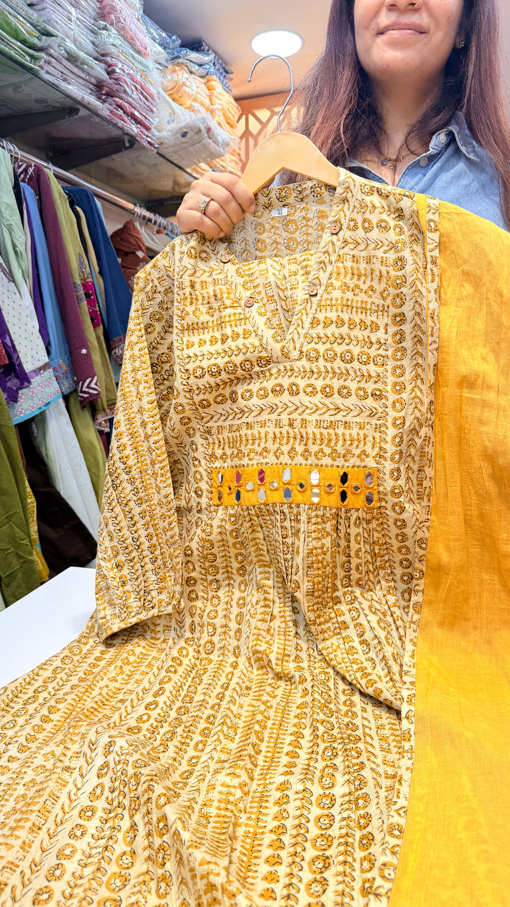 Ivory & Mustard Printed Cotton Kurta Set