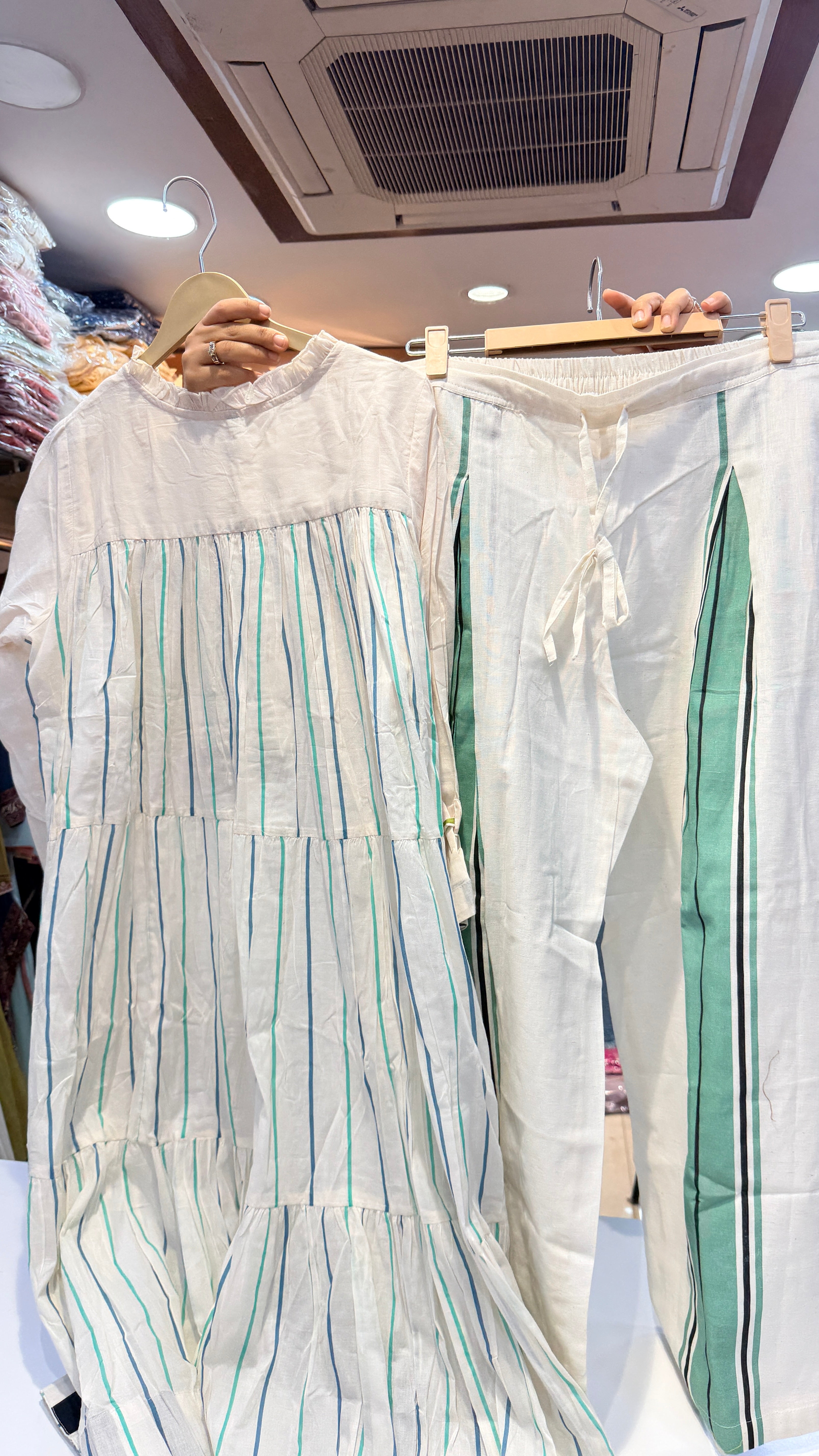 Ivory Printed Co ord  Set with Pleated Hem & Striped Pants