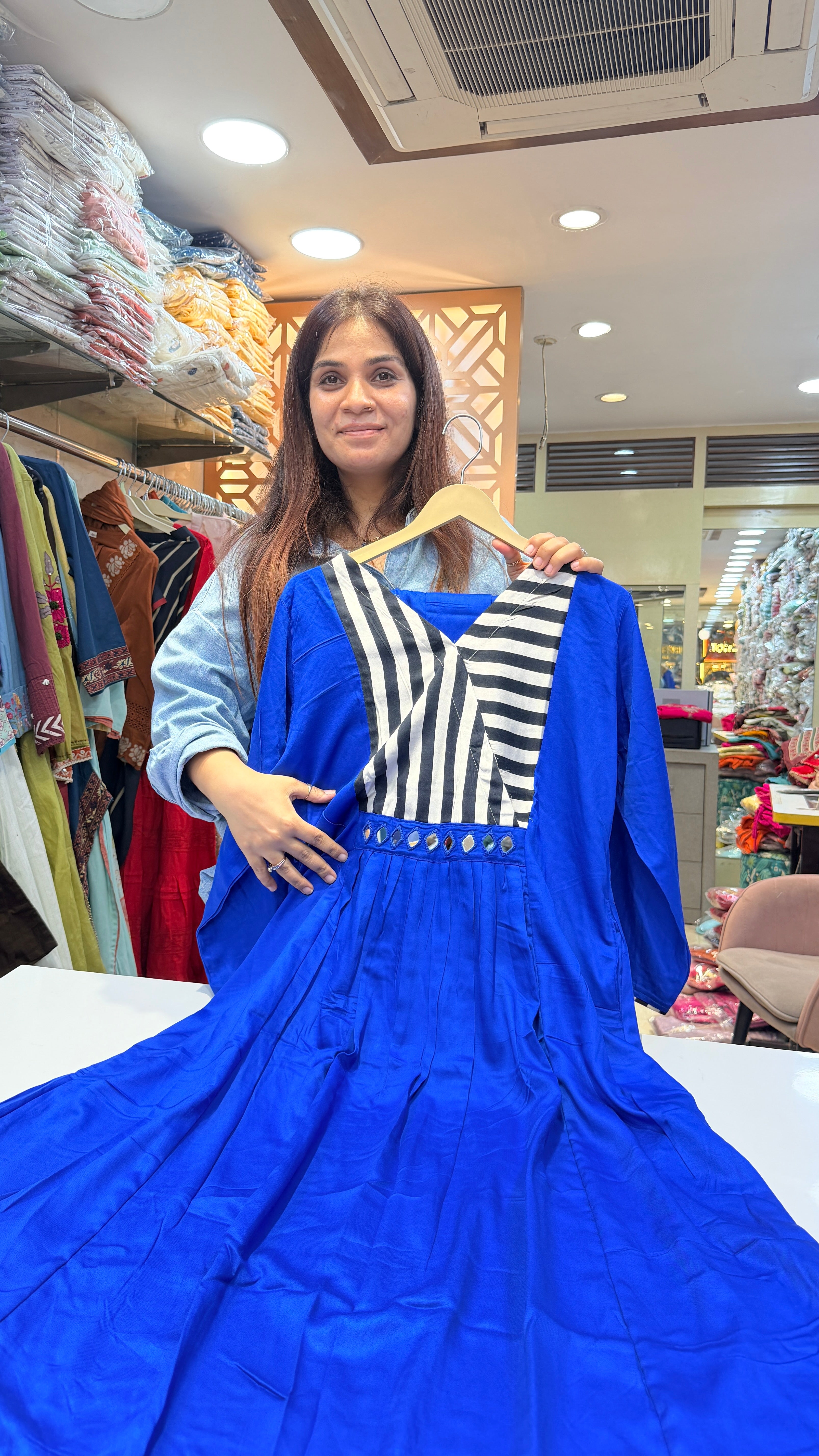 Royal Blue Striped Panel A-Line Kurta Set