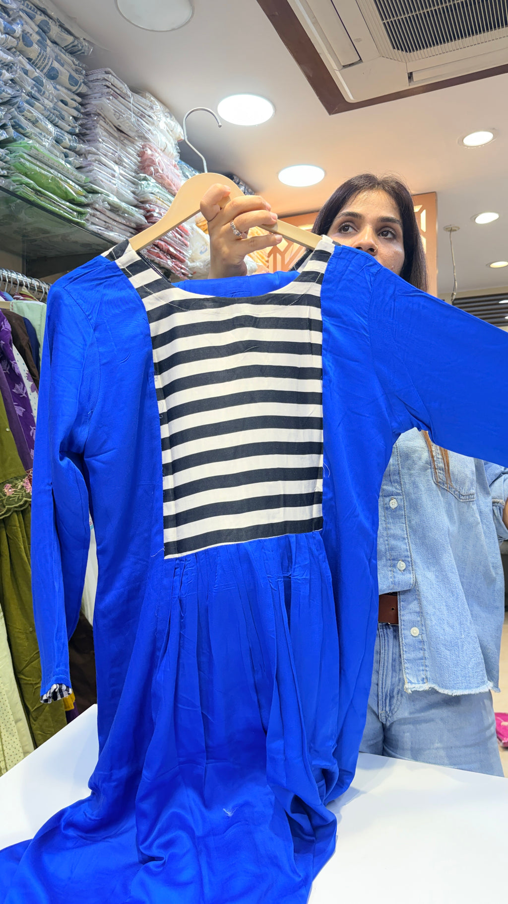 Royal Blue Striped Panel A-Line Kurta Set