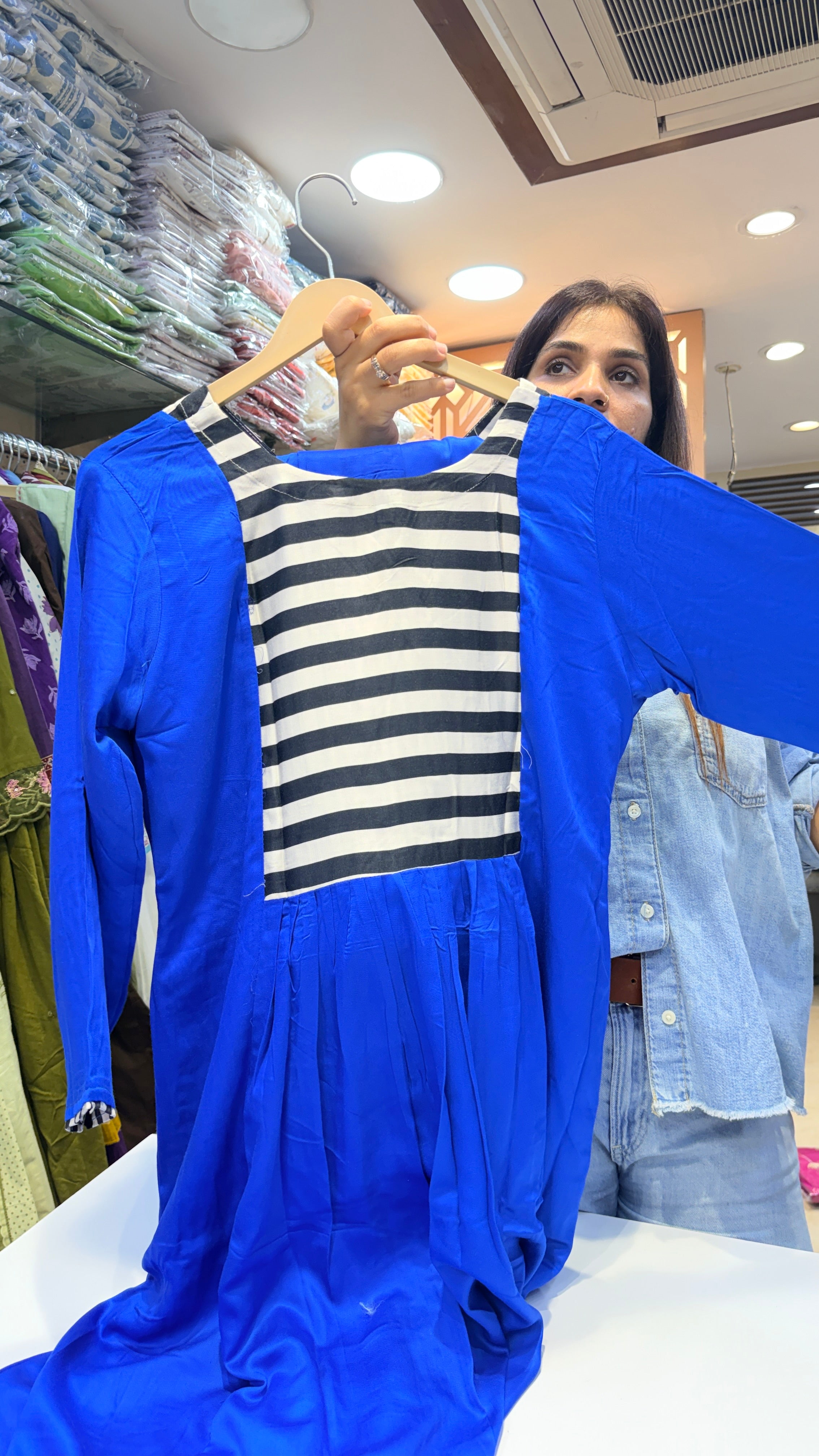 Royal Blue Striped Panel A-Line Kurta Set