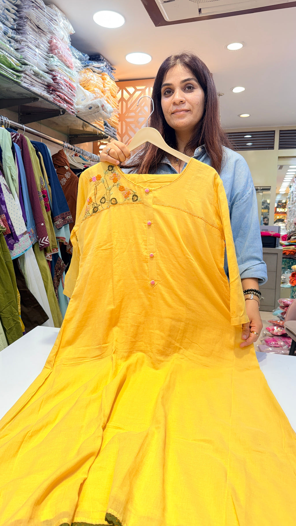 Yellow Embroidered Kurta Pant with Button Detail