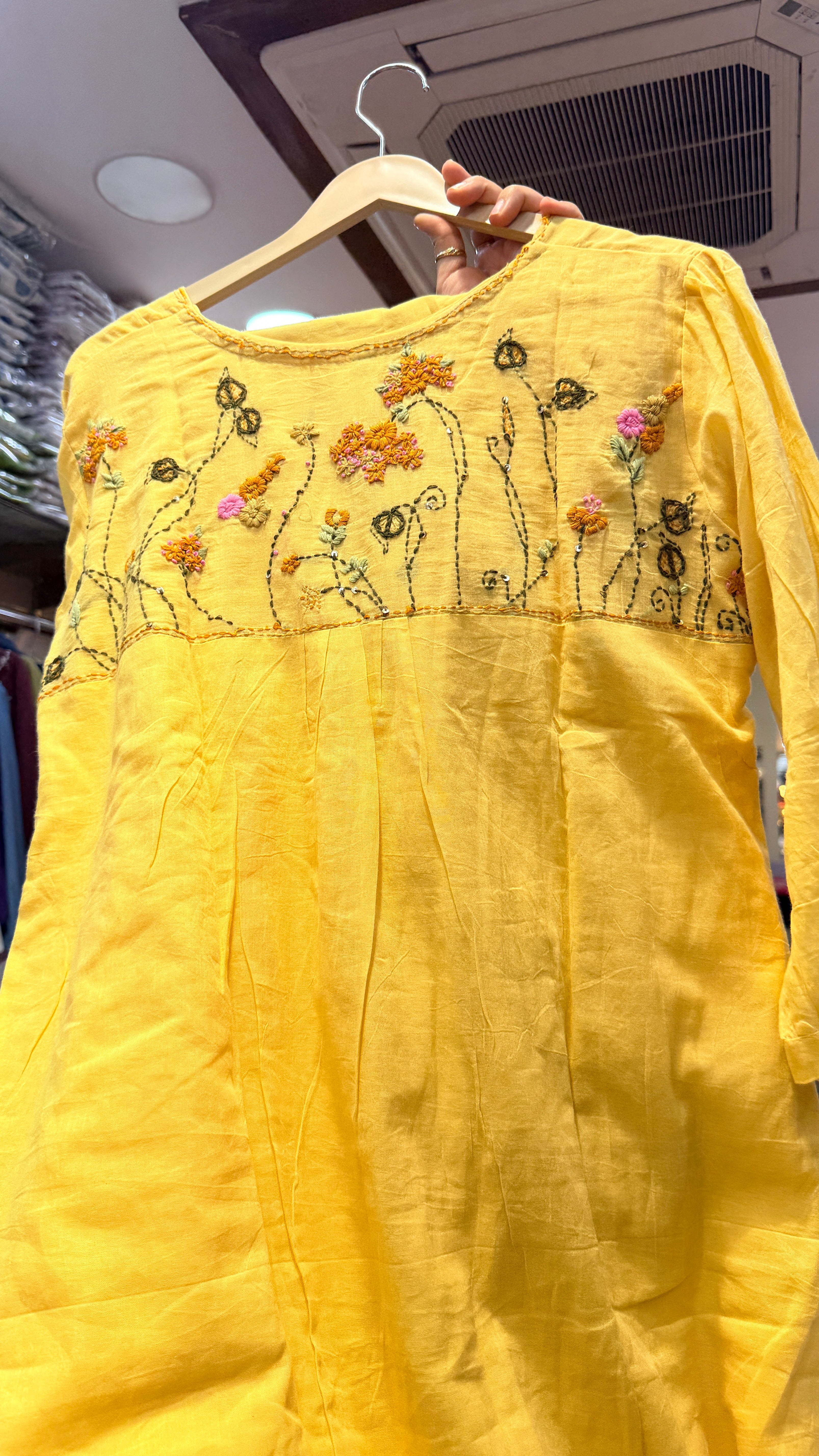 Yellow Embroidered Kurta Pant with Button Detail