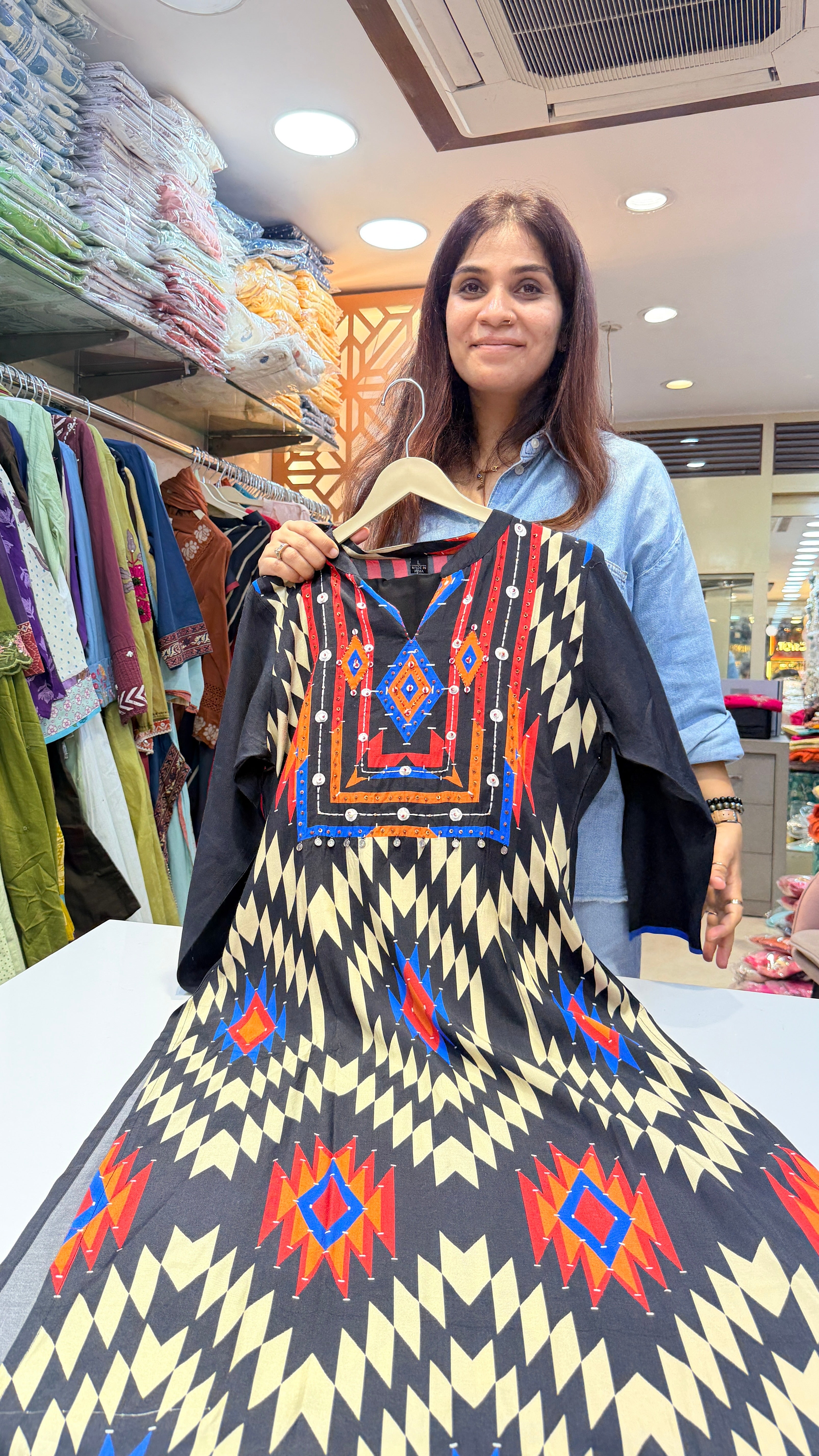 Black Tribal Print Kurta Pant Set with pretty Yoke