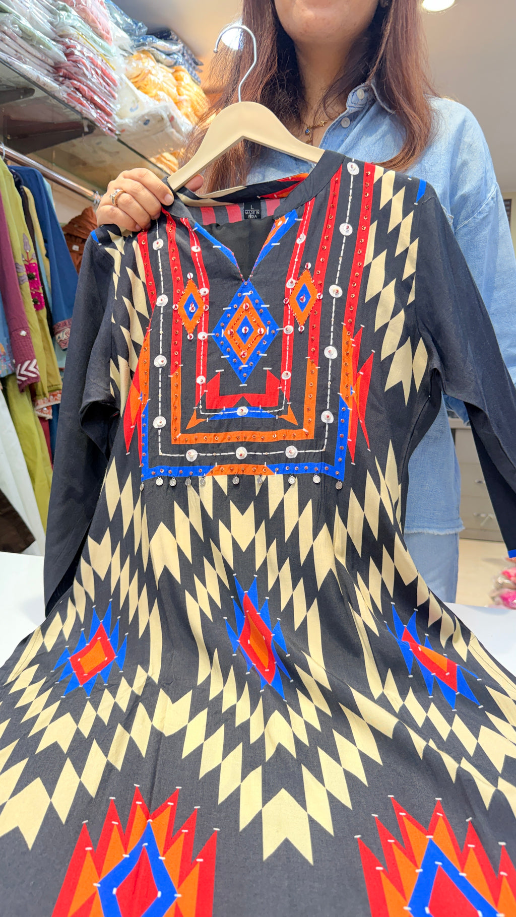 Black Tribal Print Kurta Pant Set with pretty Yoke