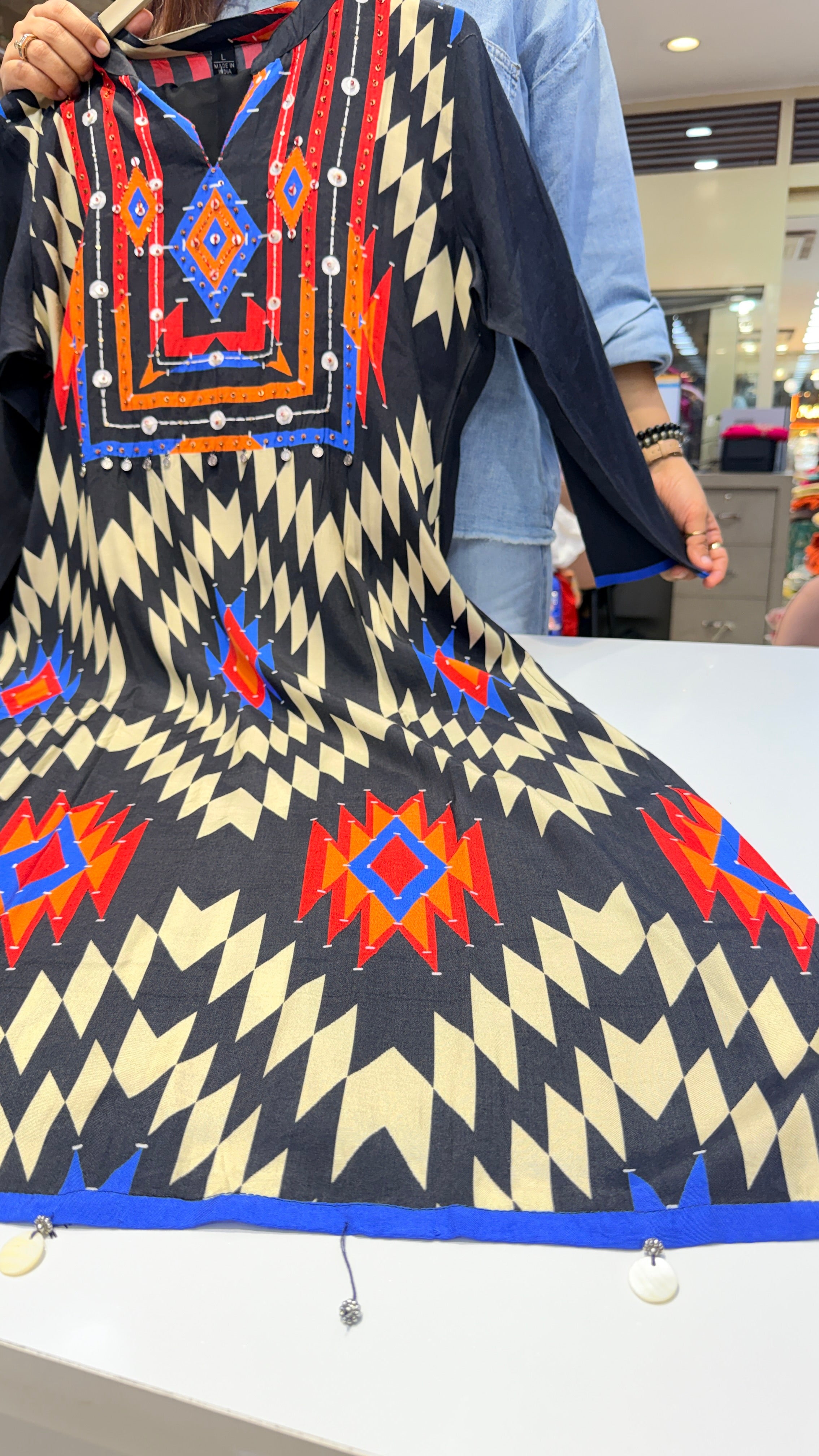 Black Tribal Print Kurta Pant Set with pretty Yoke