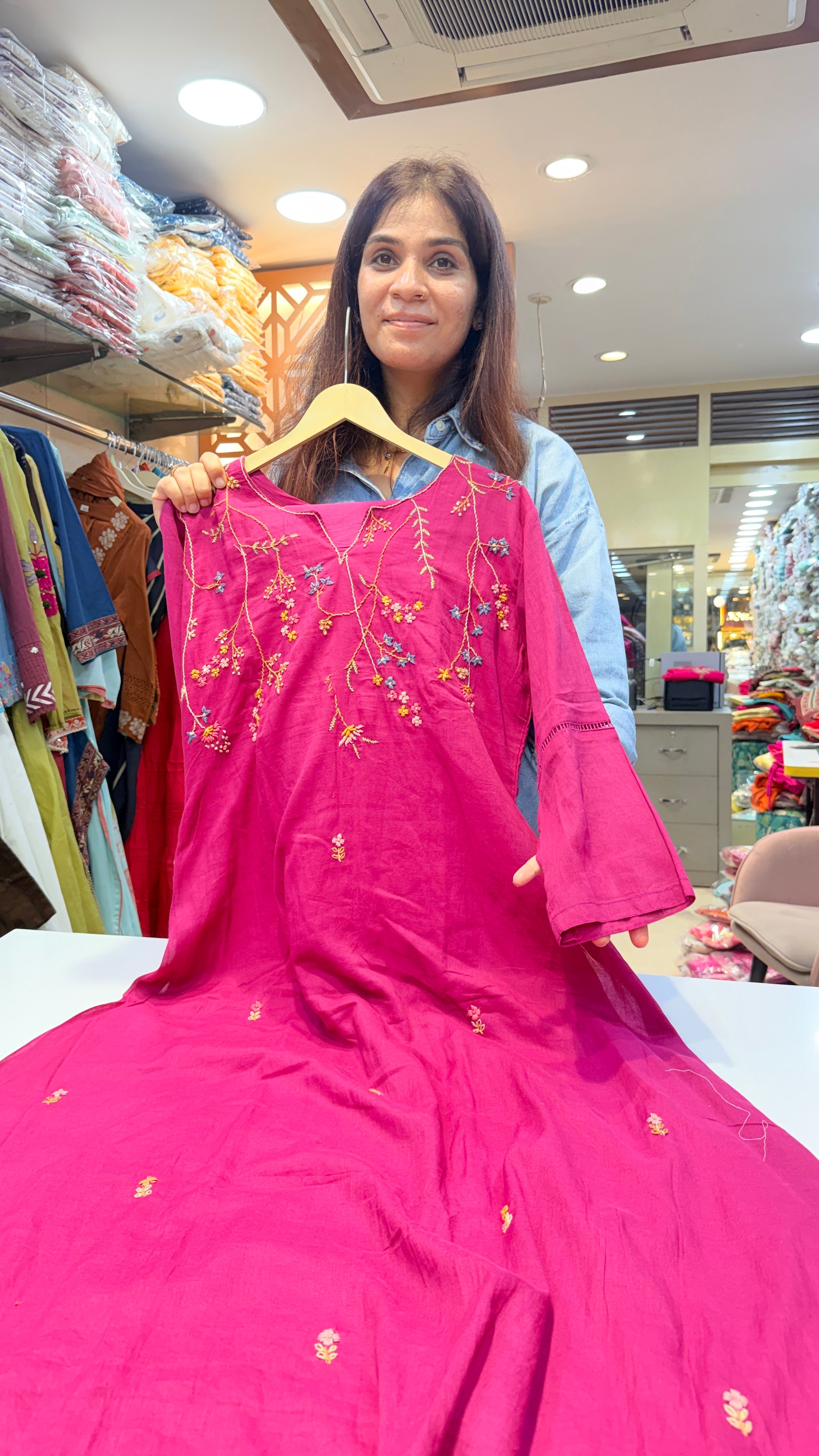 Rani Pink Floral Embroidered Cotton Kurta pant – Elegant Festive & Daily Wear