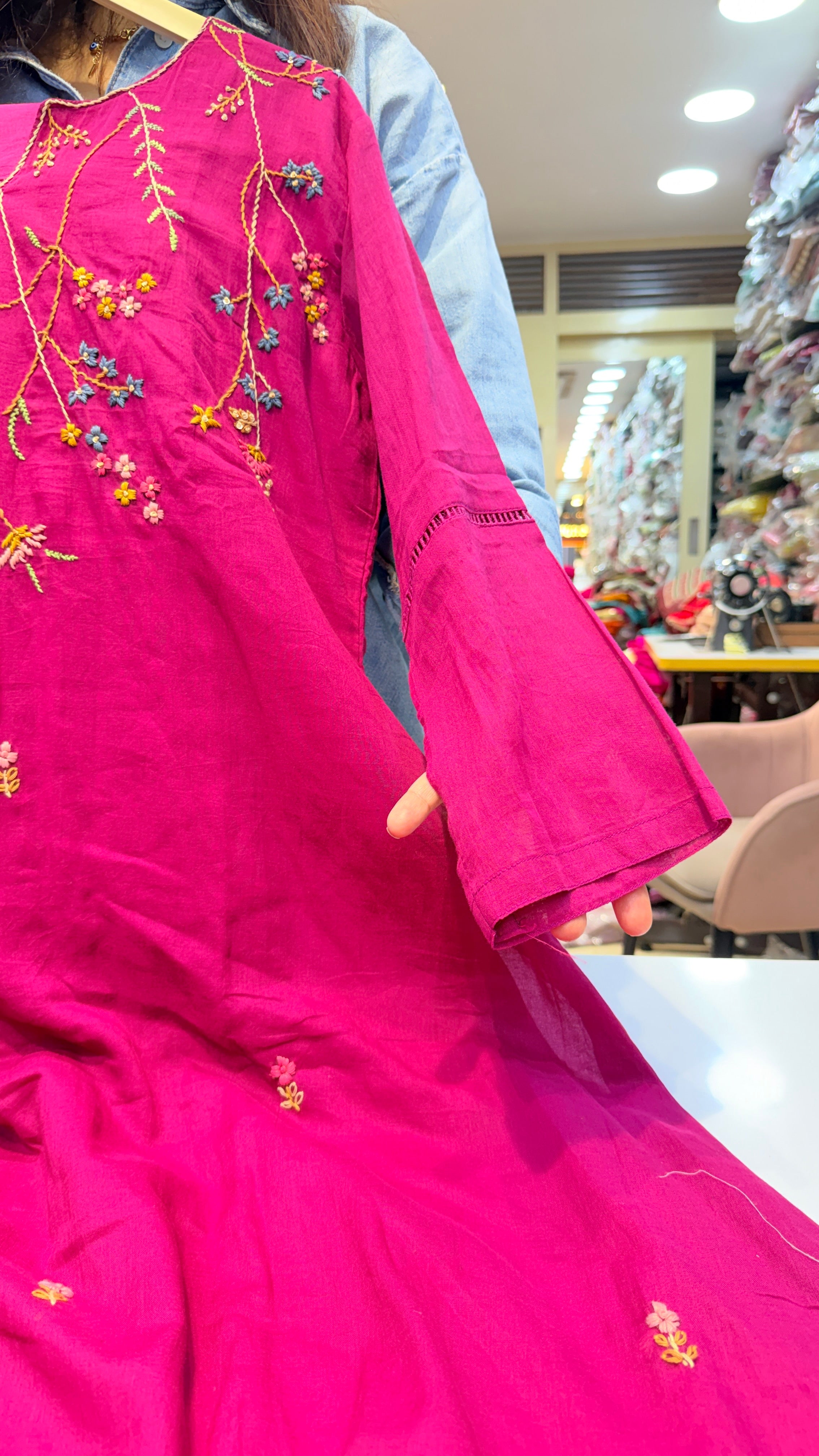 Rani Pink Floral Embroidered Cotton Kurta pant – Elegant Festive & Daily Wear