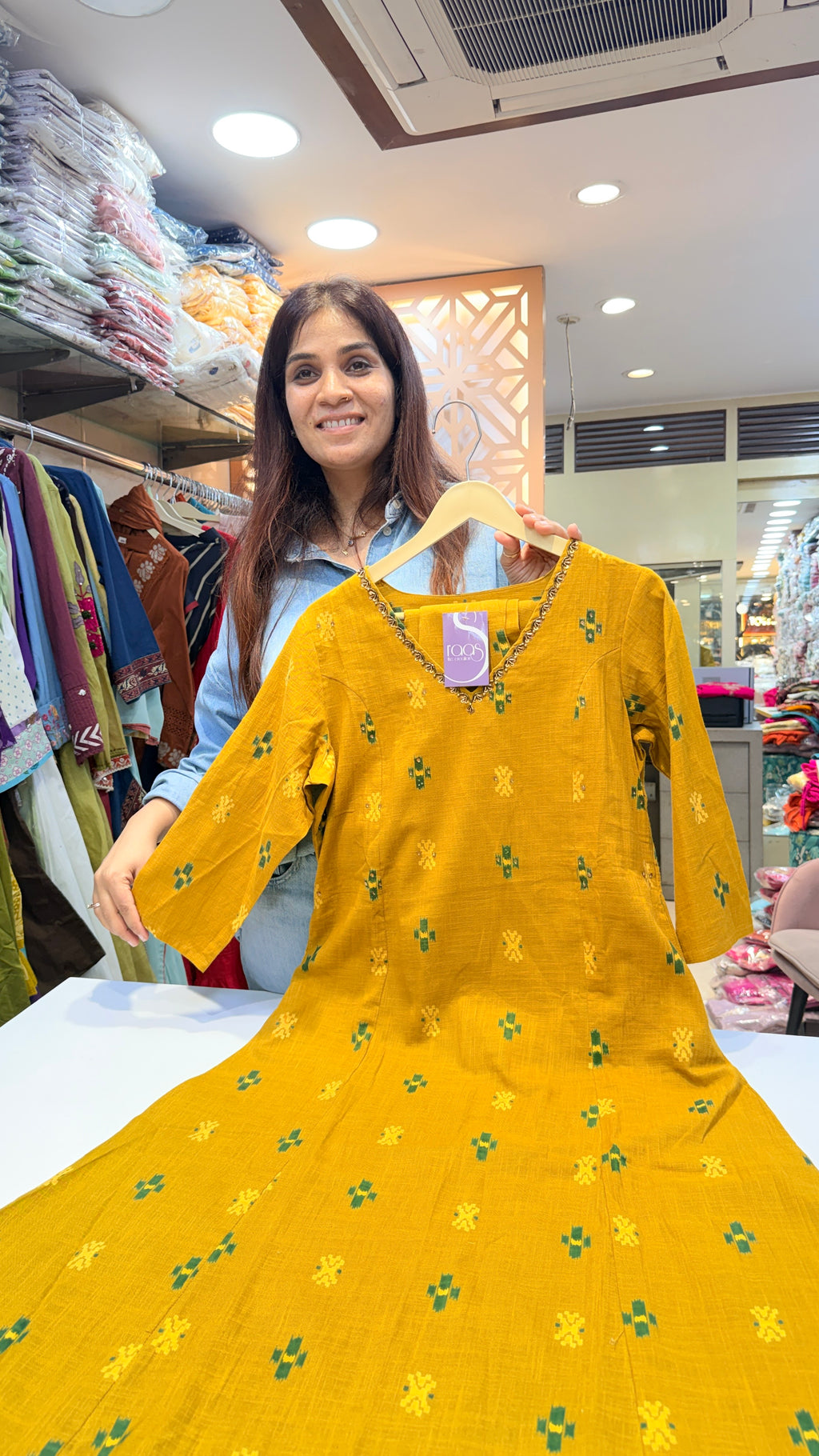 Mustard Ikat Motif Cotton A-Line Kurta Pant