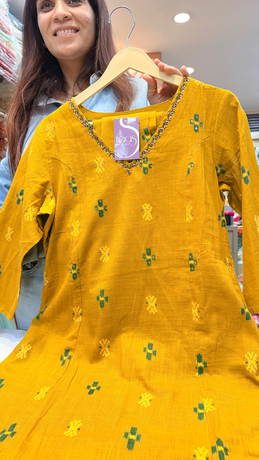 Mustard Ikat Motif Cotton A-Line Kurta Pant