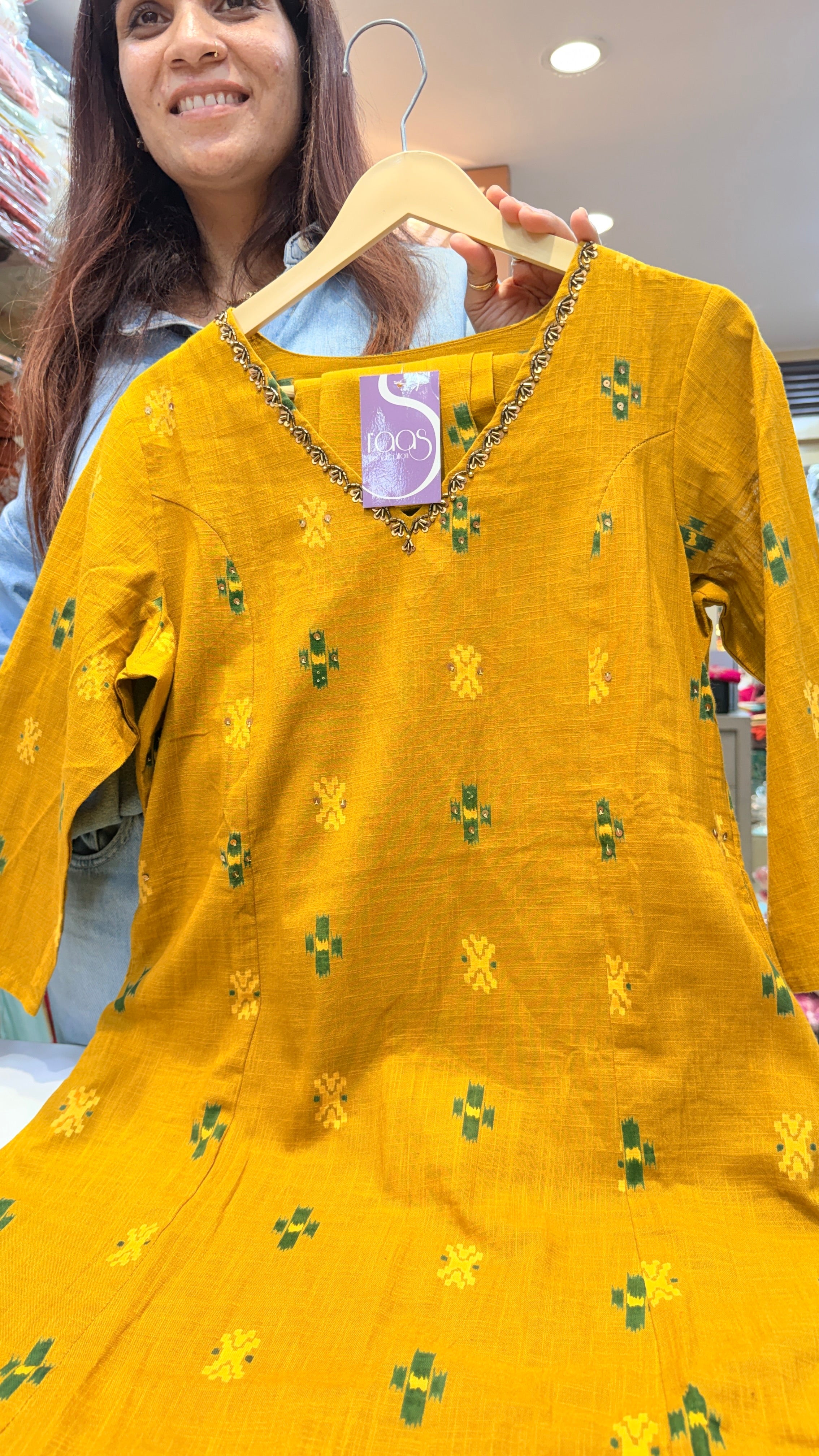 Mustard Ikat Motif Cotton A-Line Kurta Pant – Handcrafted Everyday Elegance