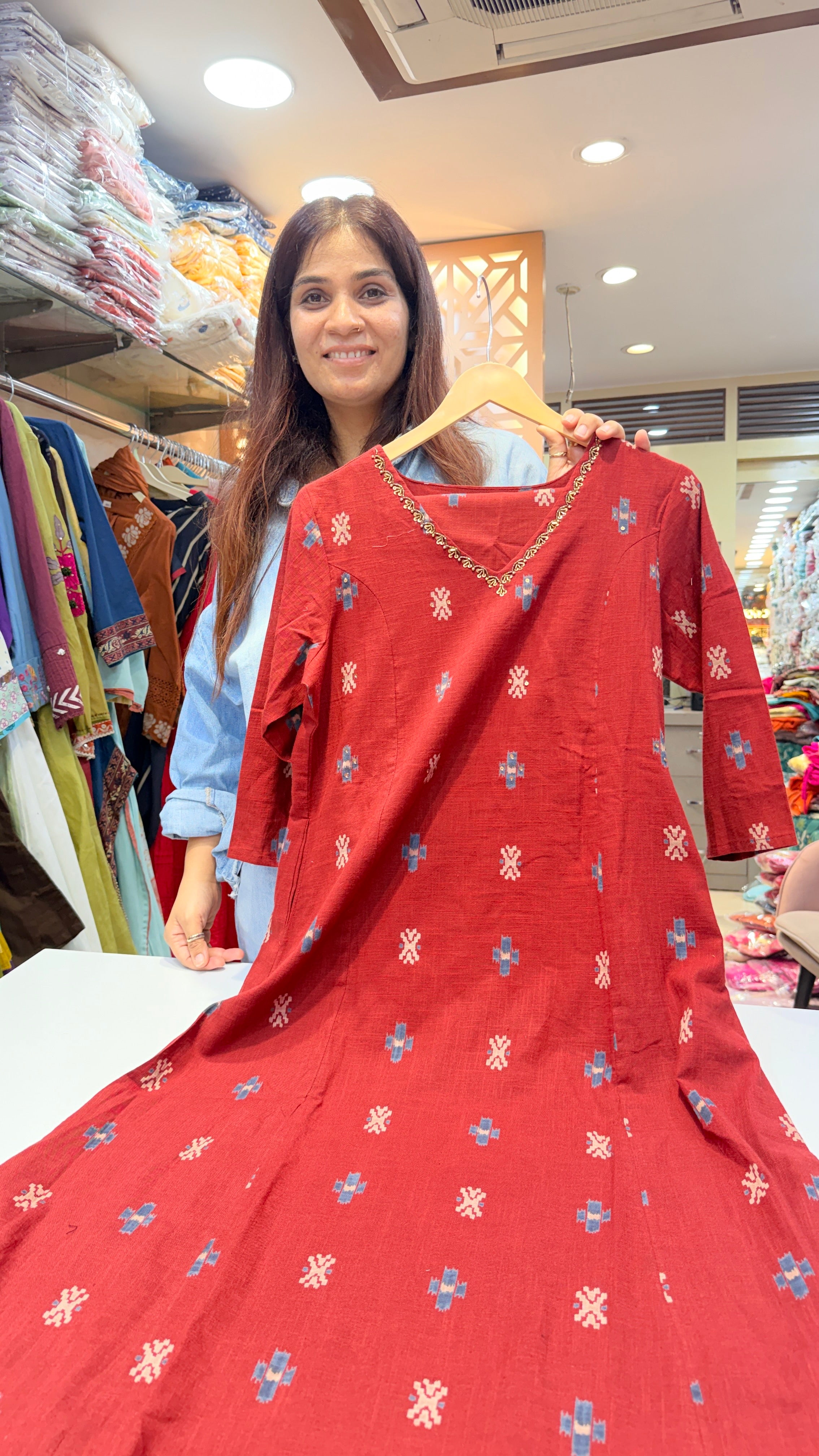 Brick Red Ikat-Inspired Kurta Pant with Embroidered Neckline