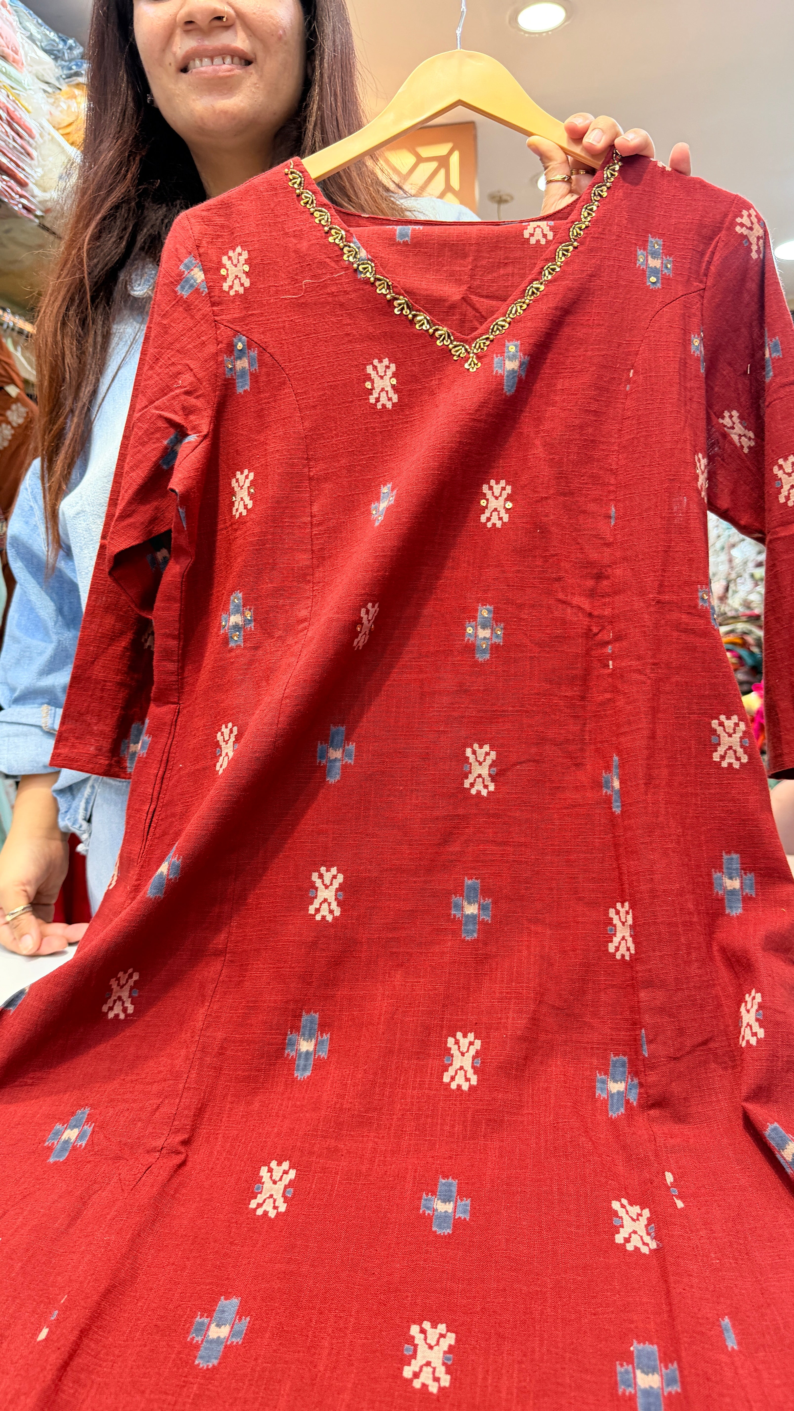 Brick Red Ikat-Inspired Kurta Pant with Embroidered Neckline