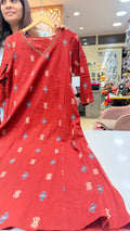 Brick Red Ikat-Inspired Kurta Pant with Embroidered Neckline