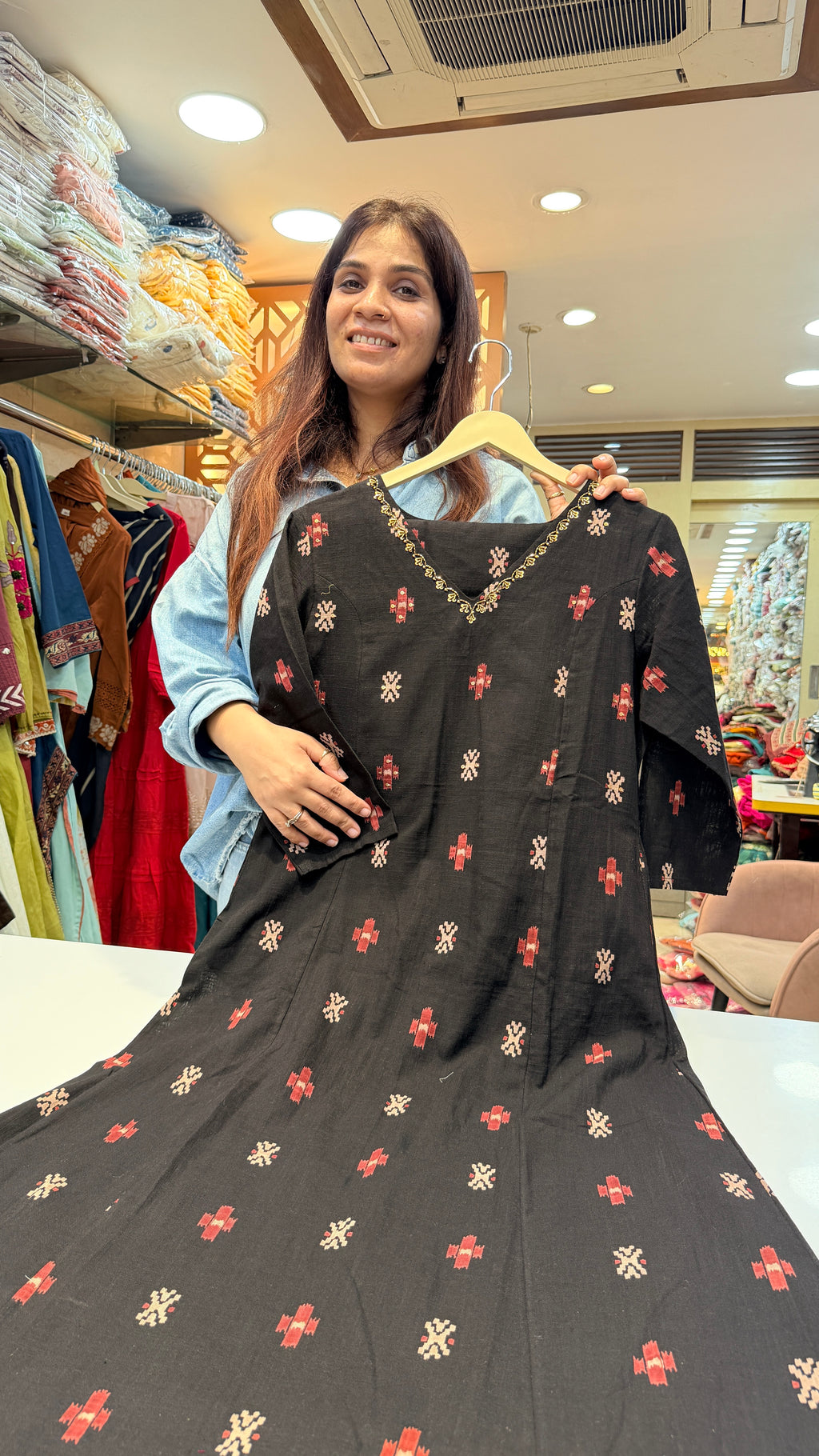 Black Ikat-Inspired Kurta with Embroidered Neckline