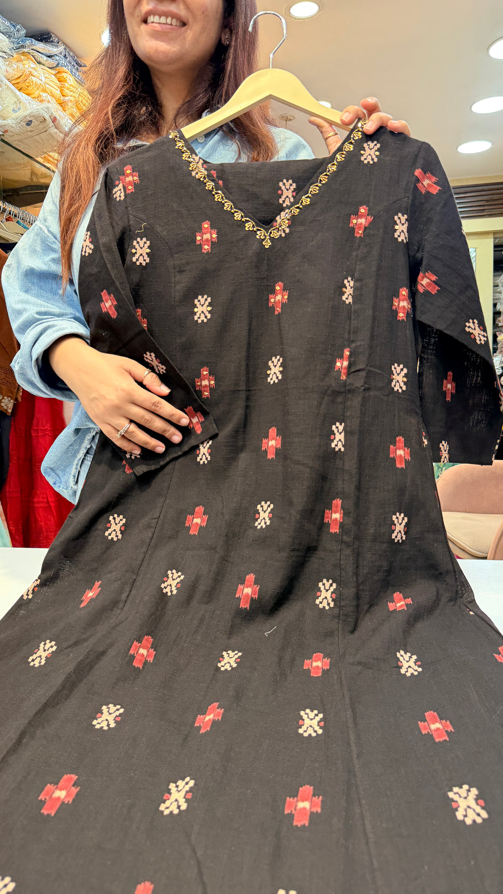 Black Ikat-Inspired Kurta with Embroidered Neckline