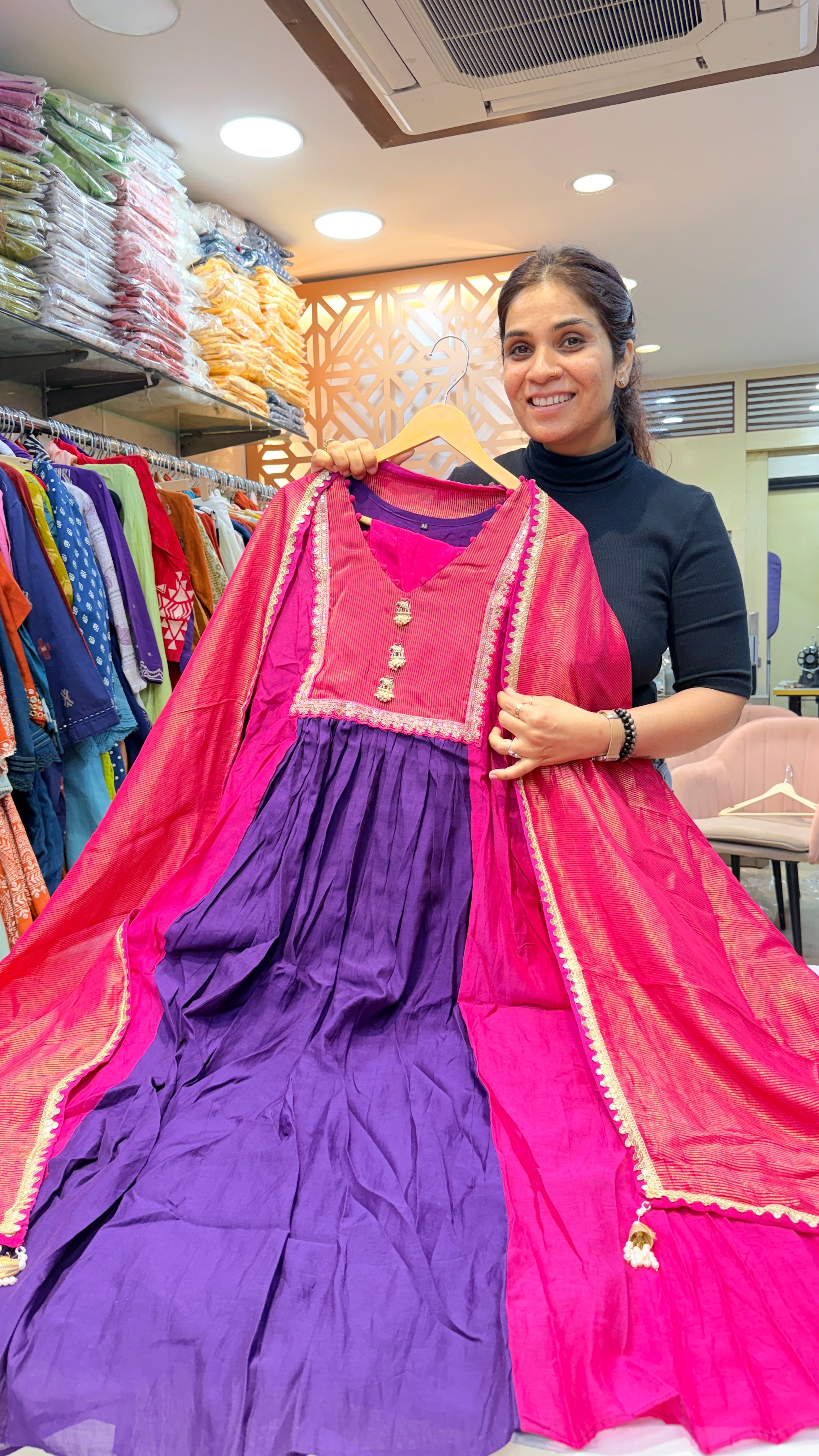 Rani Pink & Royal Purple Festive Anarkali Suit Set with Silk Dupatta