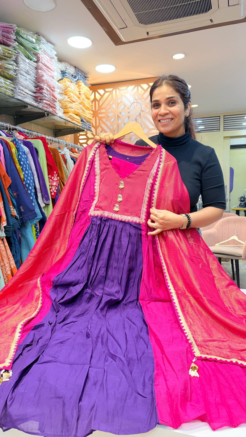 Rani Pink & Royal Purple Festive Anarkali Suit Set with Silk Dupatta