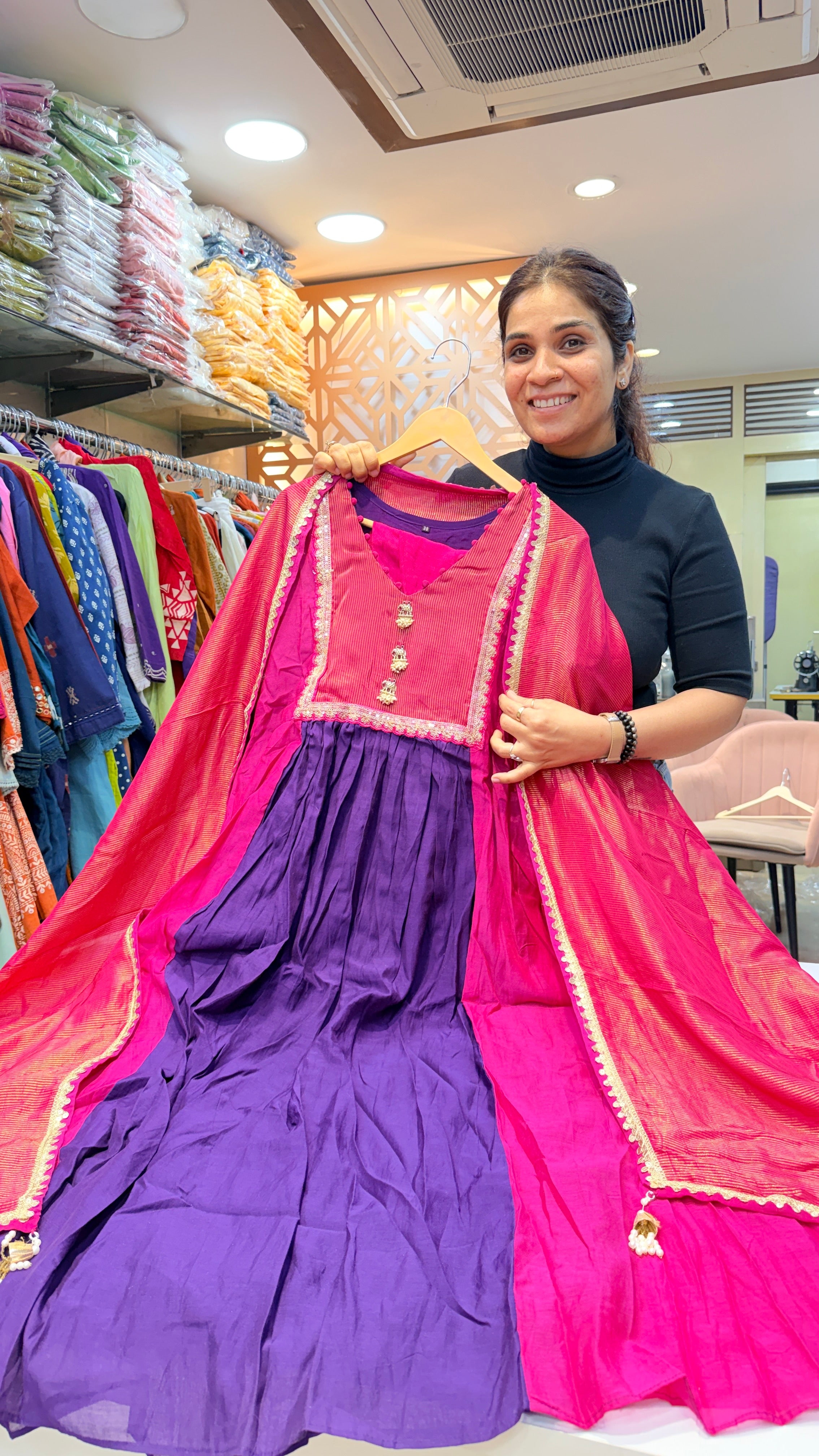 Rani Pink & Royal Purple Festive Anarkali Suit Set with Silk Dupatta
