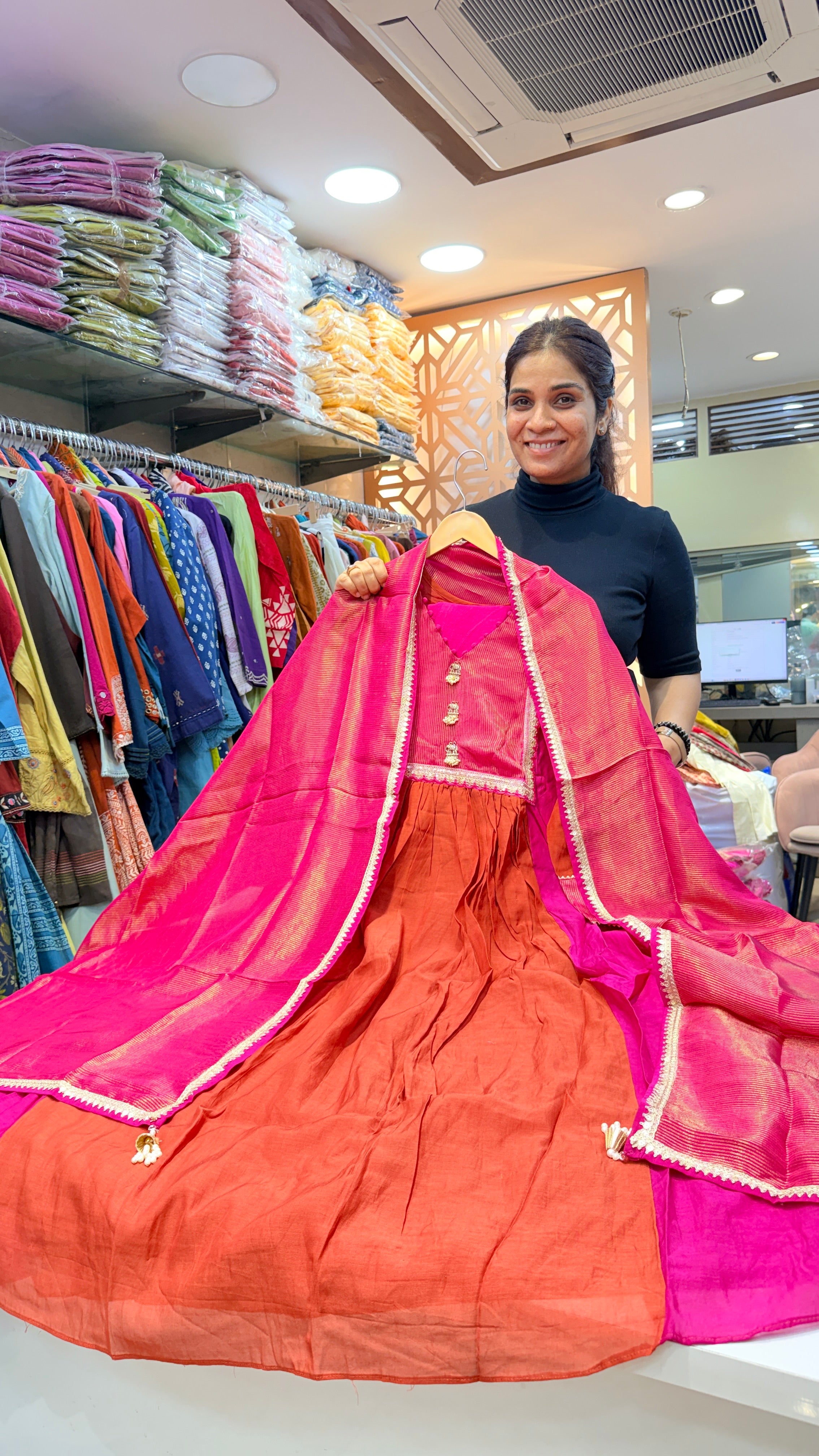 Rani Pink & Rust Festive Anarkali Suit Set with Silk Dupatta