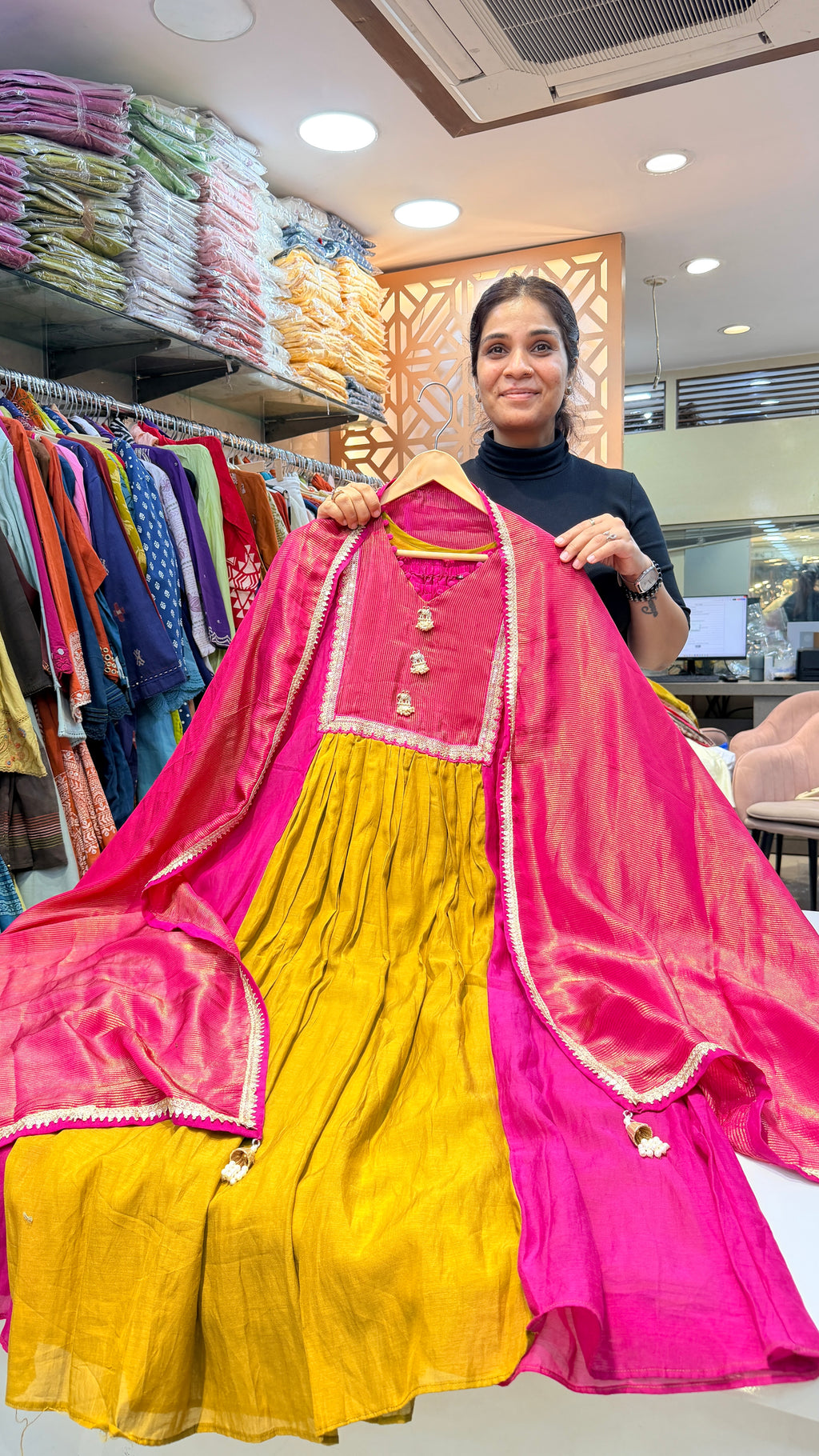Rani Pink & Green Festive Anarkali Suit Set with Silk Dupatta