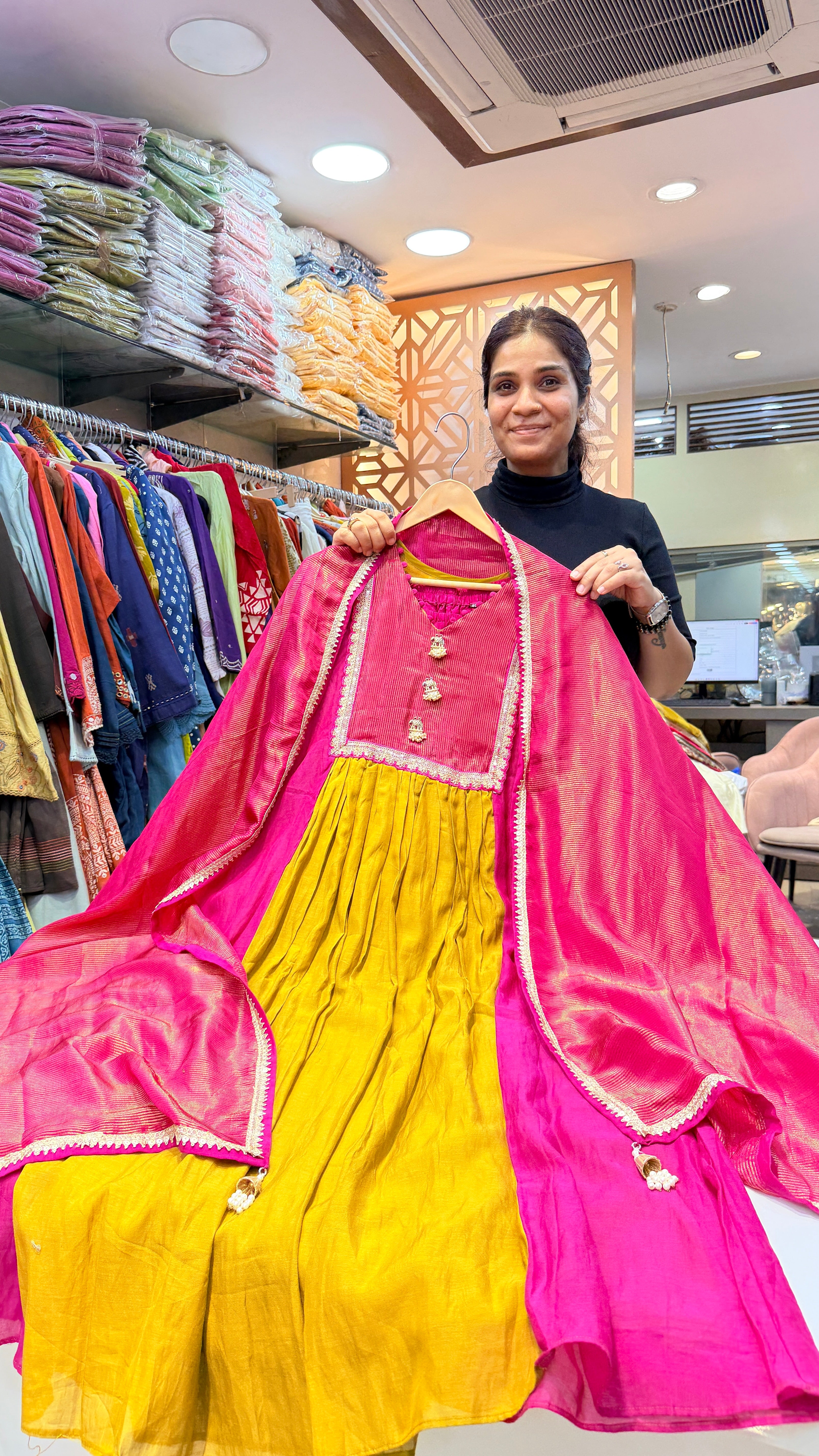 Rani Pink & Green Festive Anarkali Suit Set with Silk Dupatta