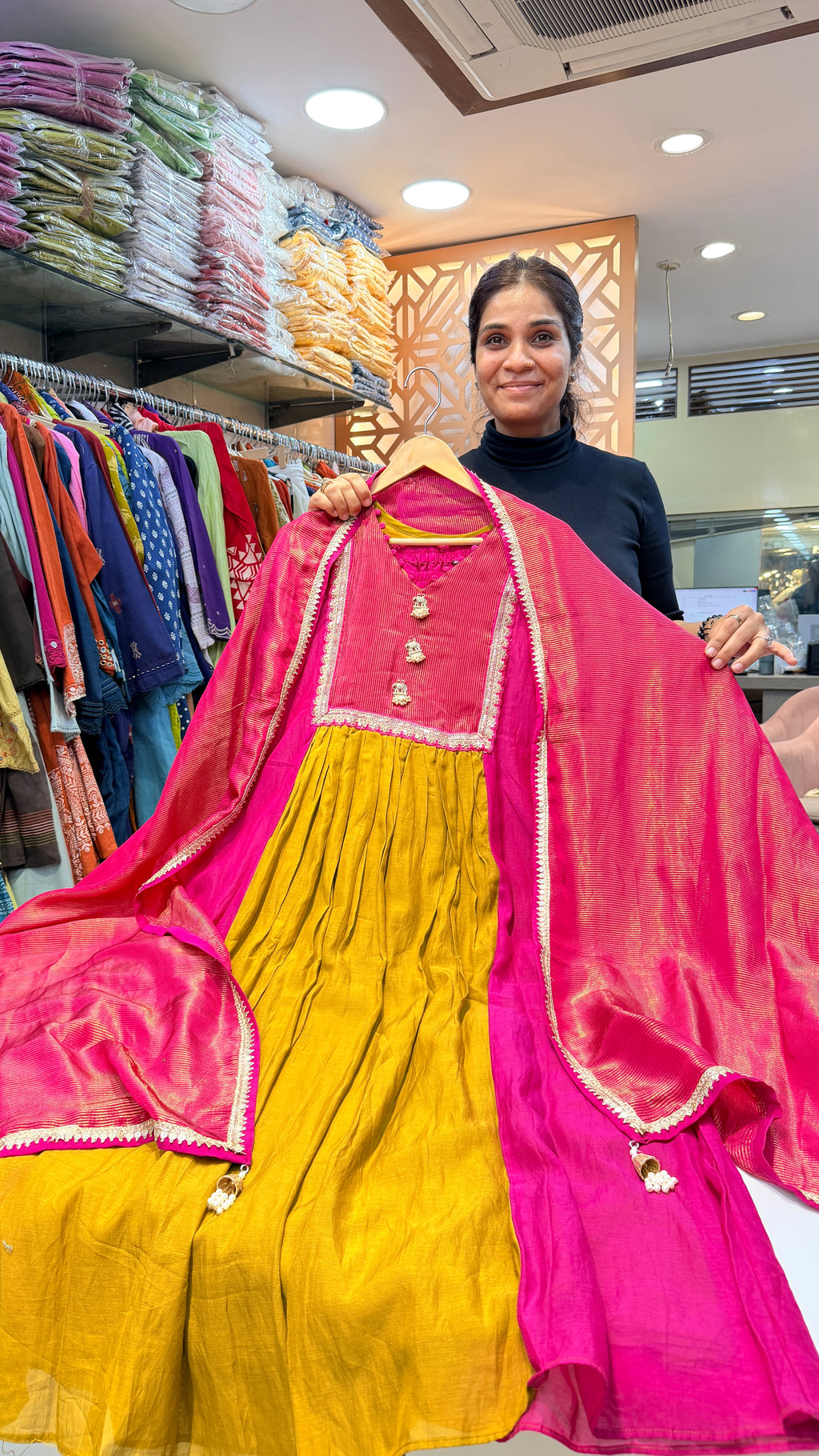 Rani Pink & Green Festive Anarkali Suit Set with Silk Dupatta