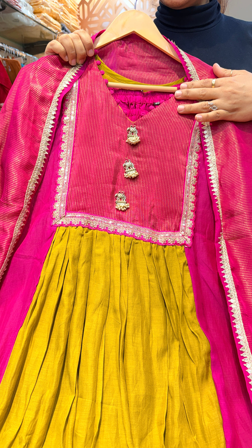Rani Pink & Green Festive Anarkali Suit Set with Silk Dupatta