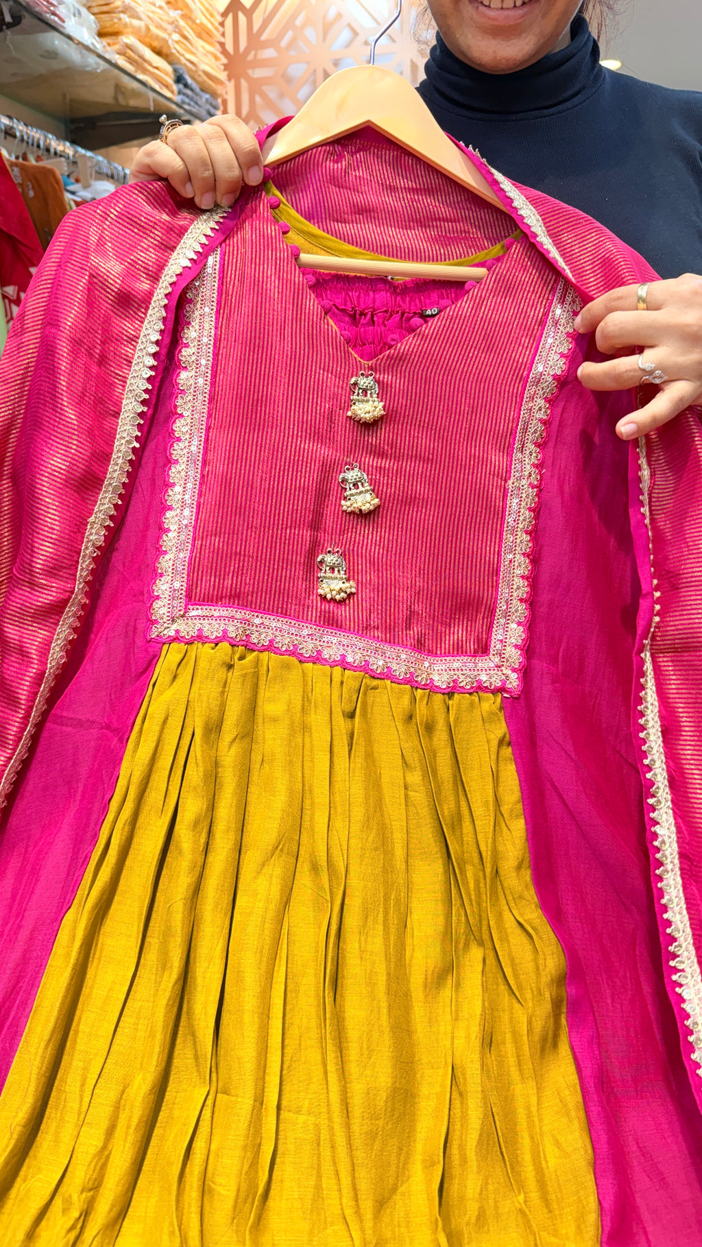 Rani Pink & Green Festive Anarkali Suit Set with Silk Dupatta