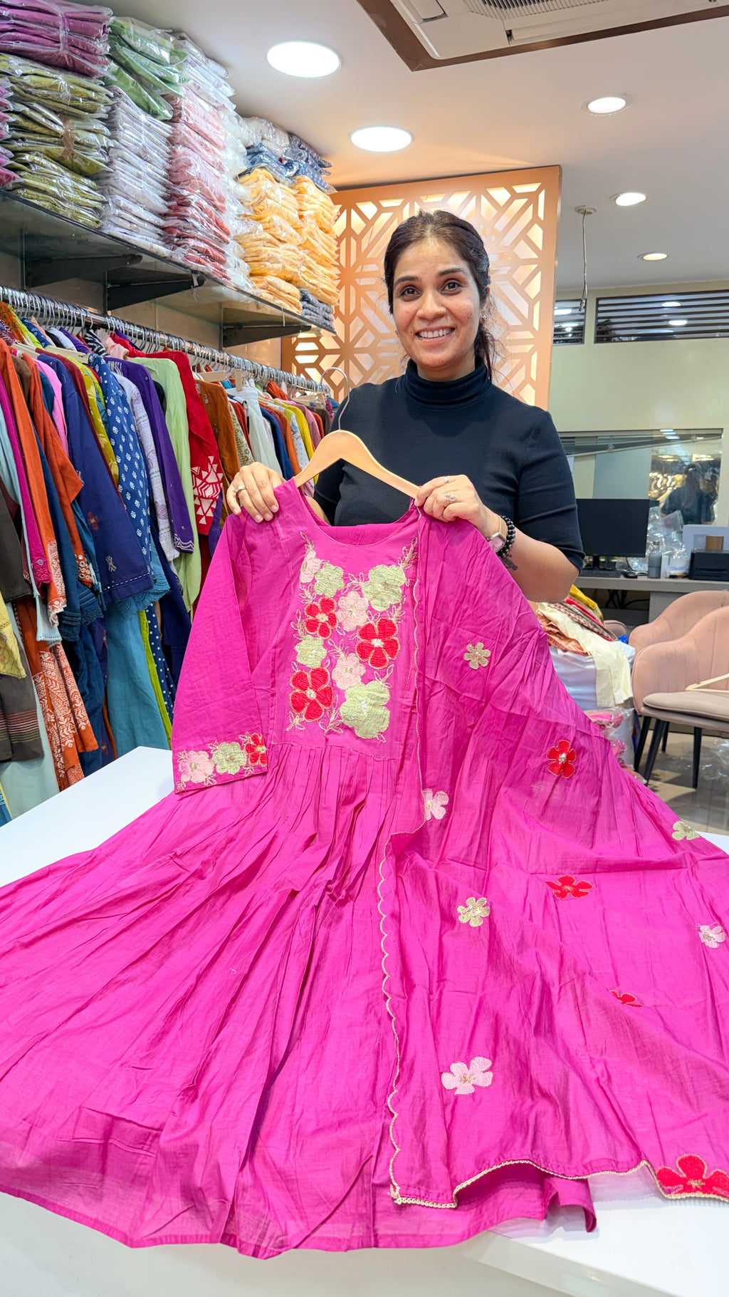 Hot Pink Floral Embroidered Suit Set
