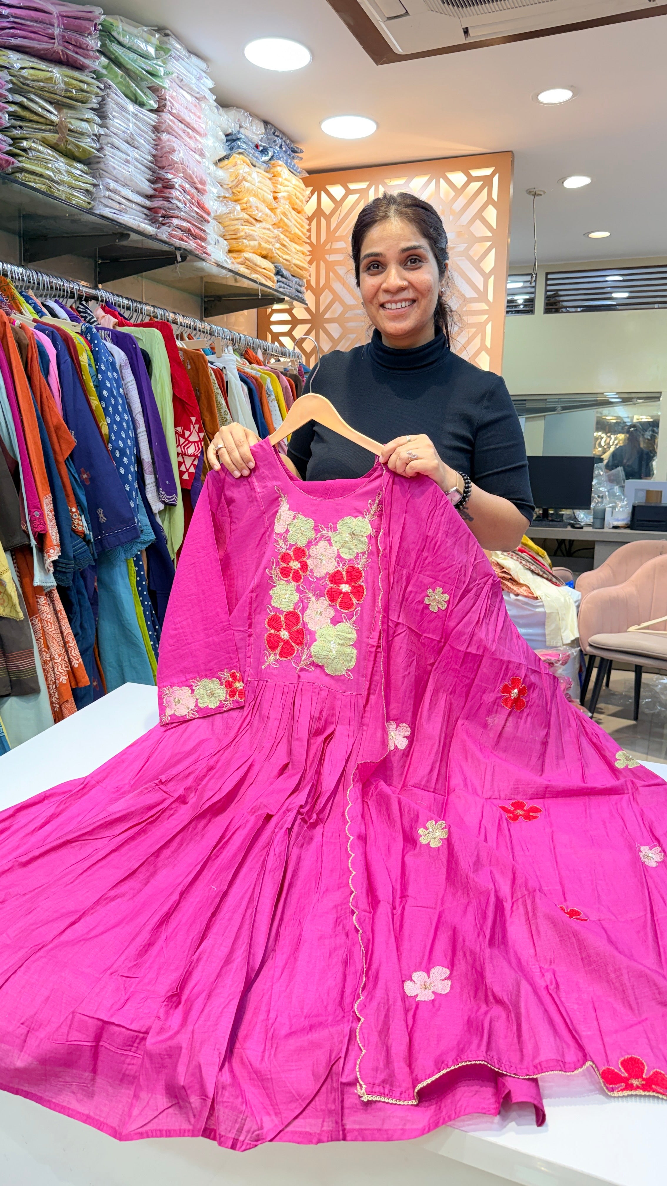 Hot Pink Floral Embroidered Suit Set