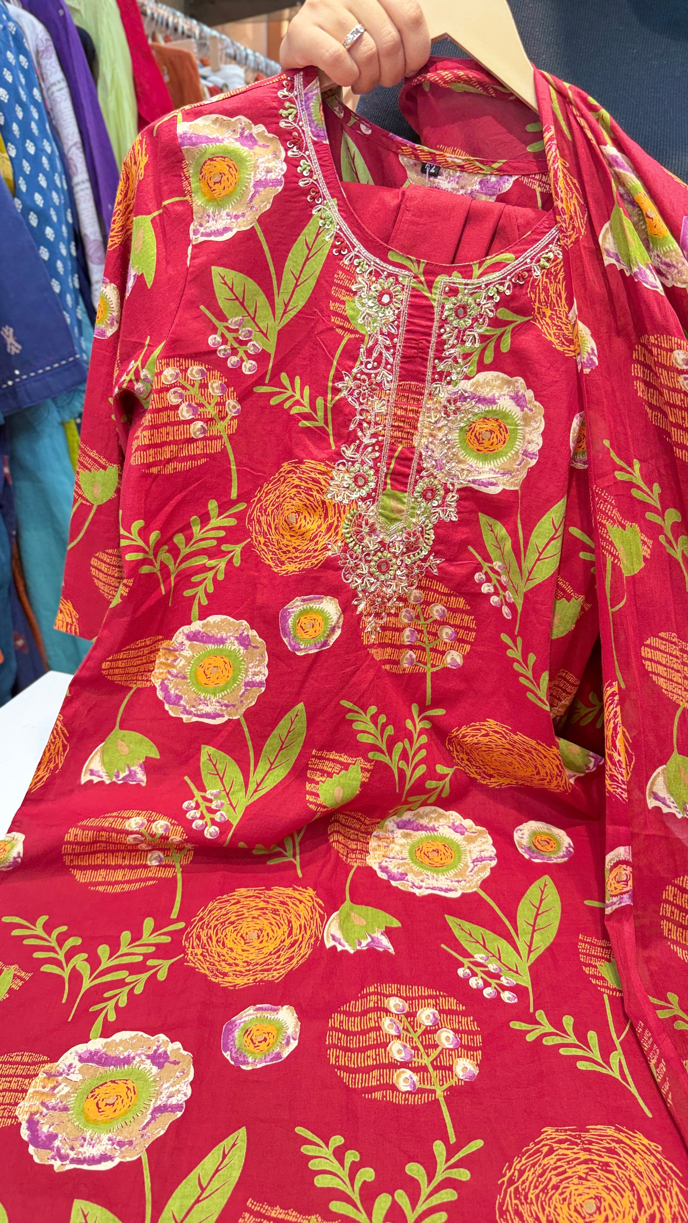 Crimson Red Floral Printed Suit Set