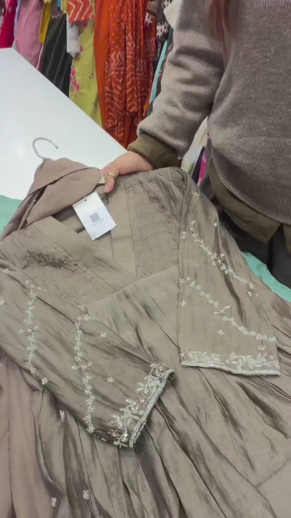 Olive Mocha Embroidered Gathered suit Set