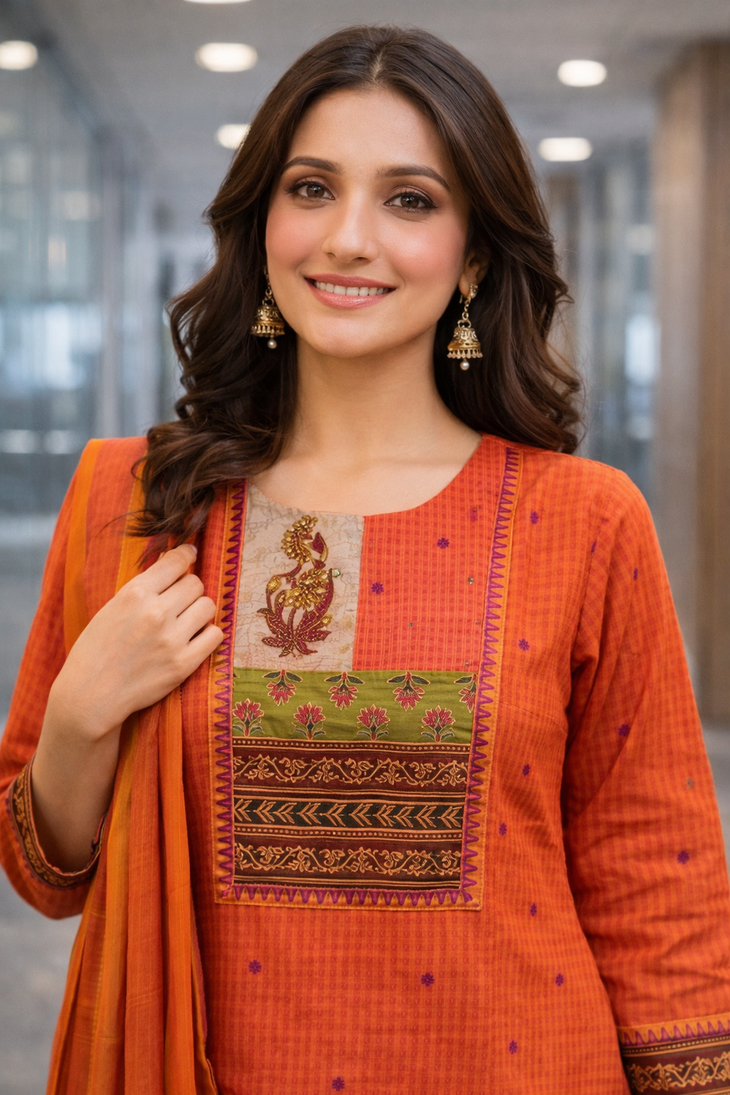 Rust Orange Handloom Cotton Kurta Set with Woven Dupatta