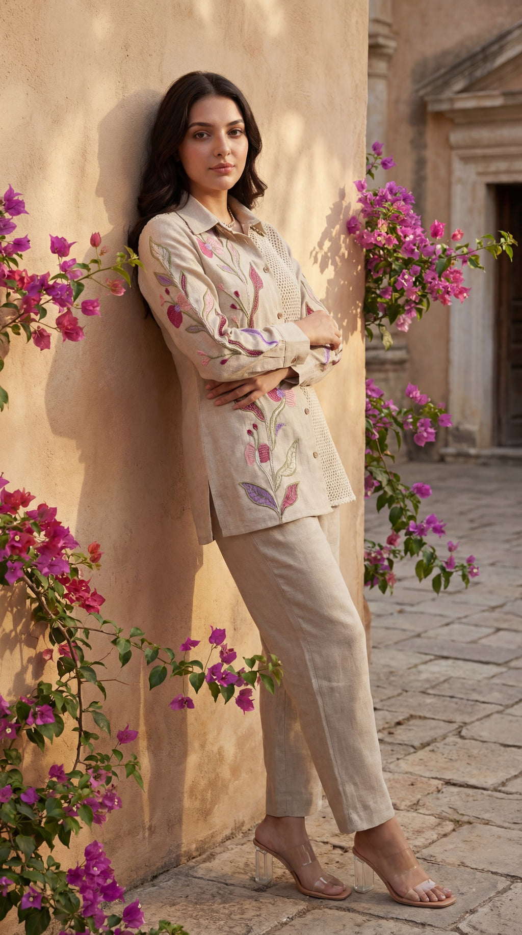 Floral Embroidered Jute Co-ord Set