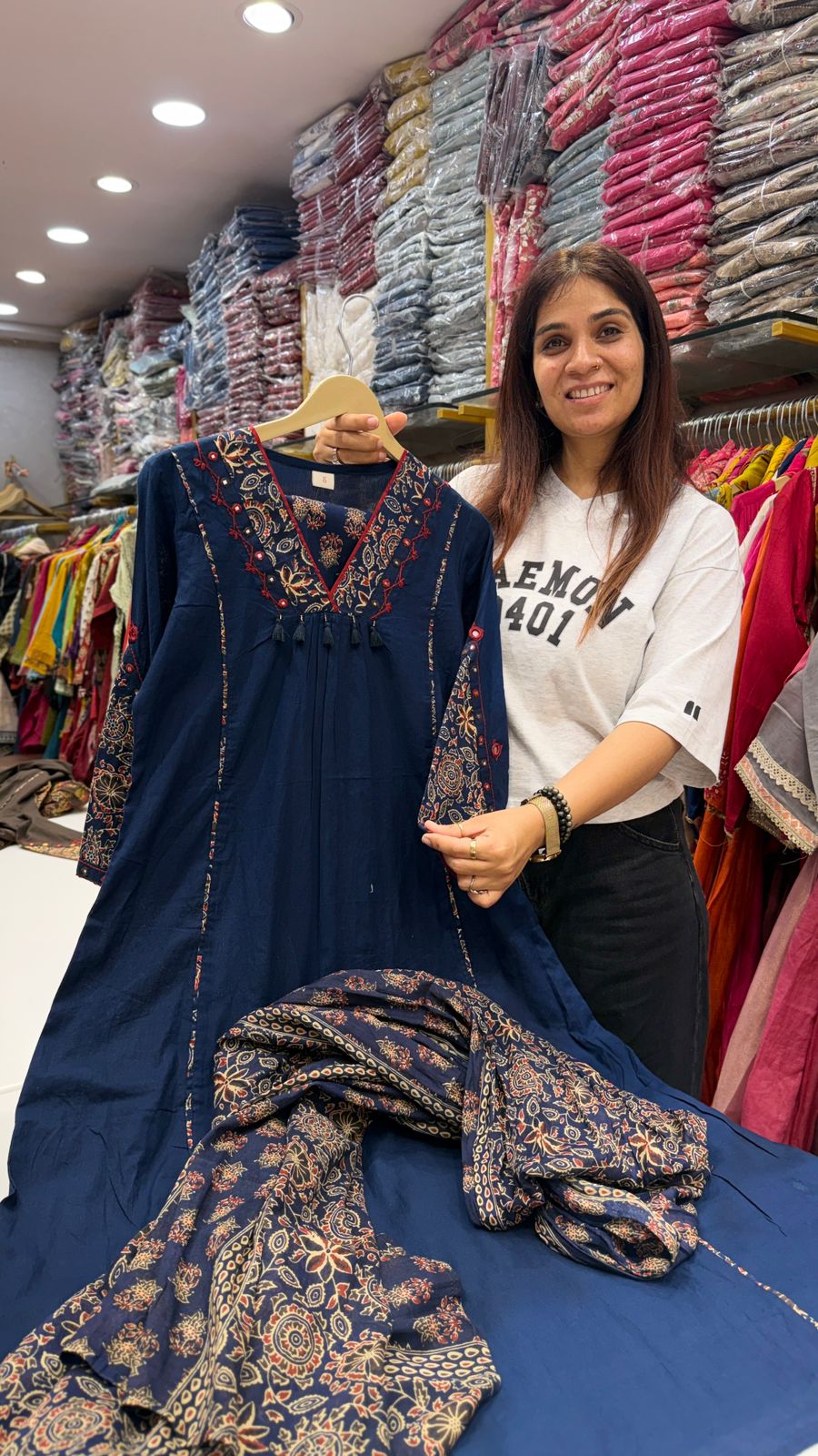 Midnight Blue Embroidered Kurta Set with Printed Dupatta