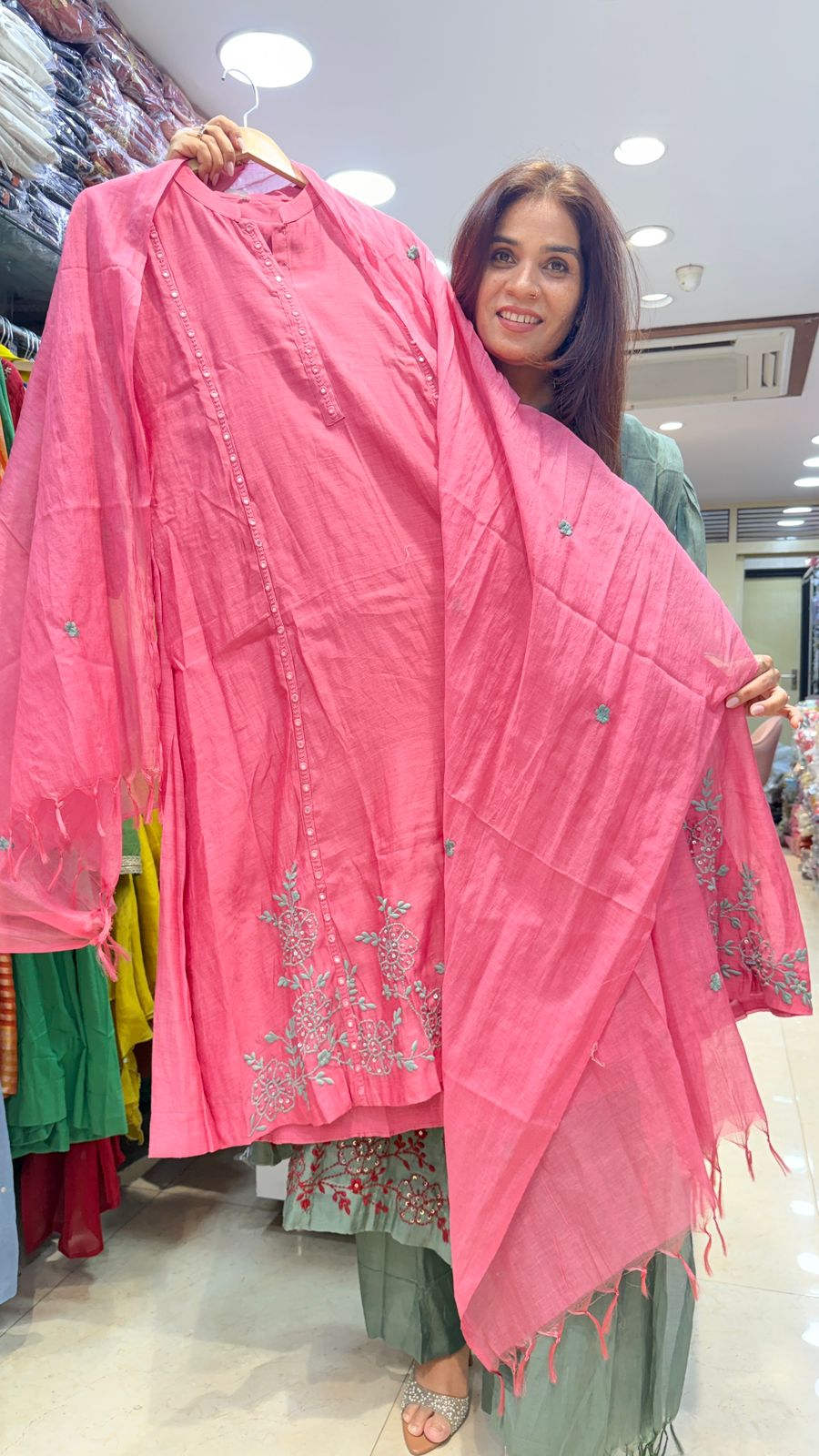 Blush Pink Mul Chanderi Embroidered Suit Set