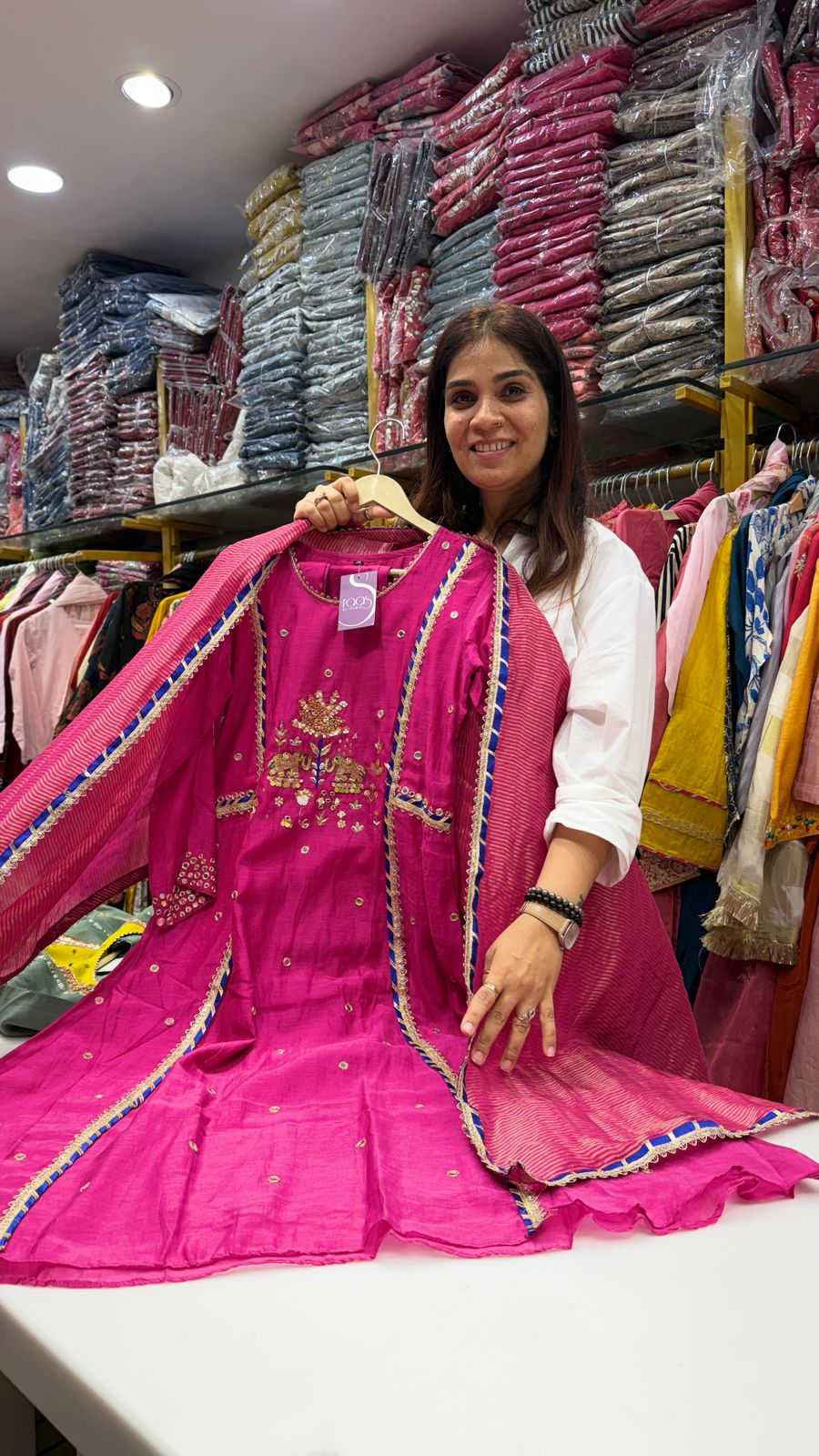 Gajraj Hand-Embroidered Festive Suit Set with Striped Dupatta