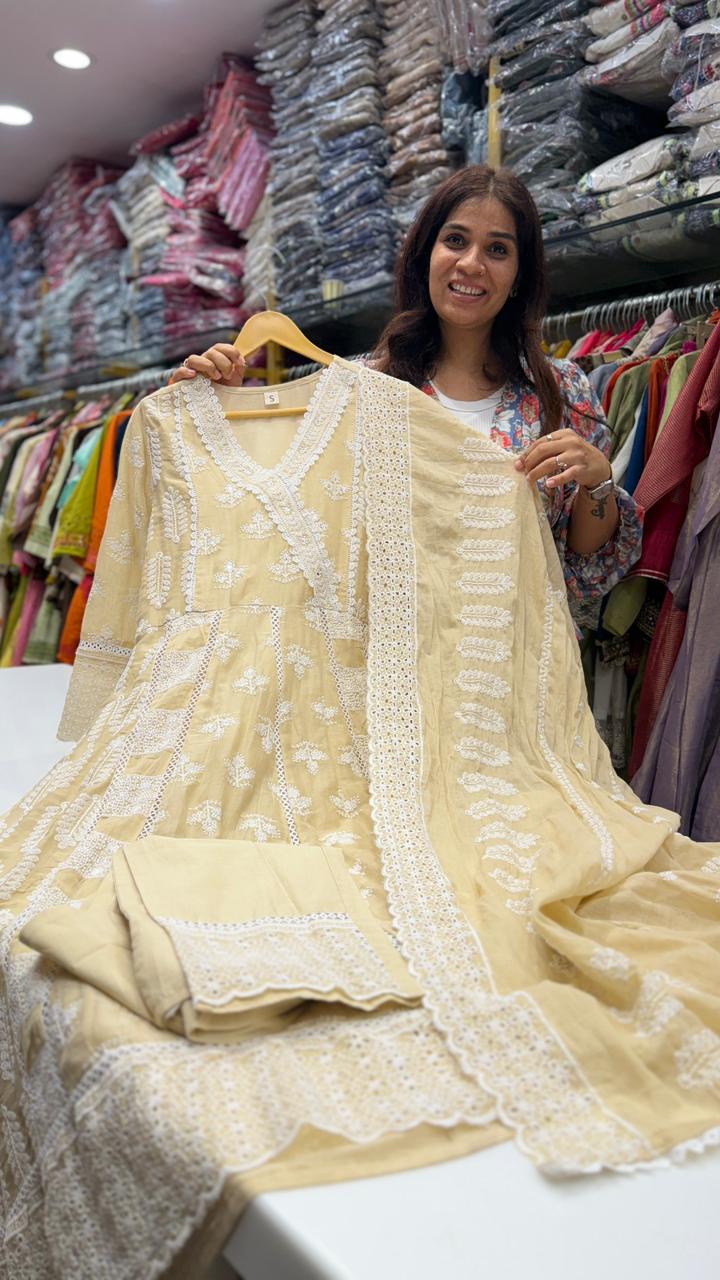 Beige Chikankari Anarkali Suit Set