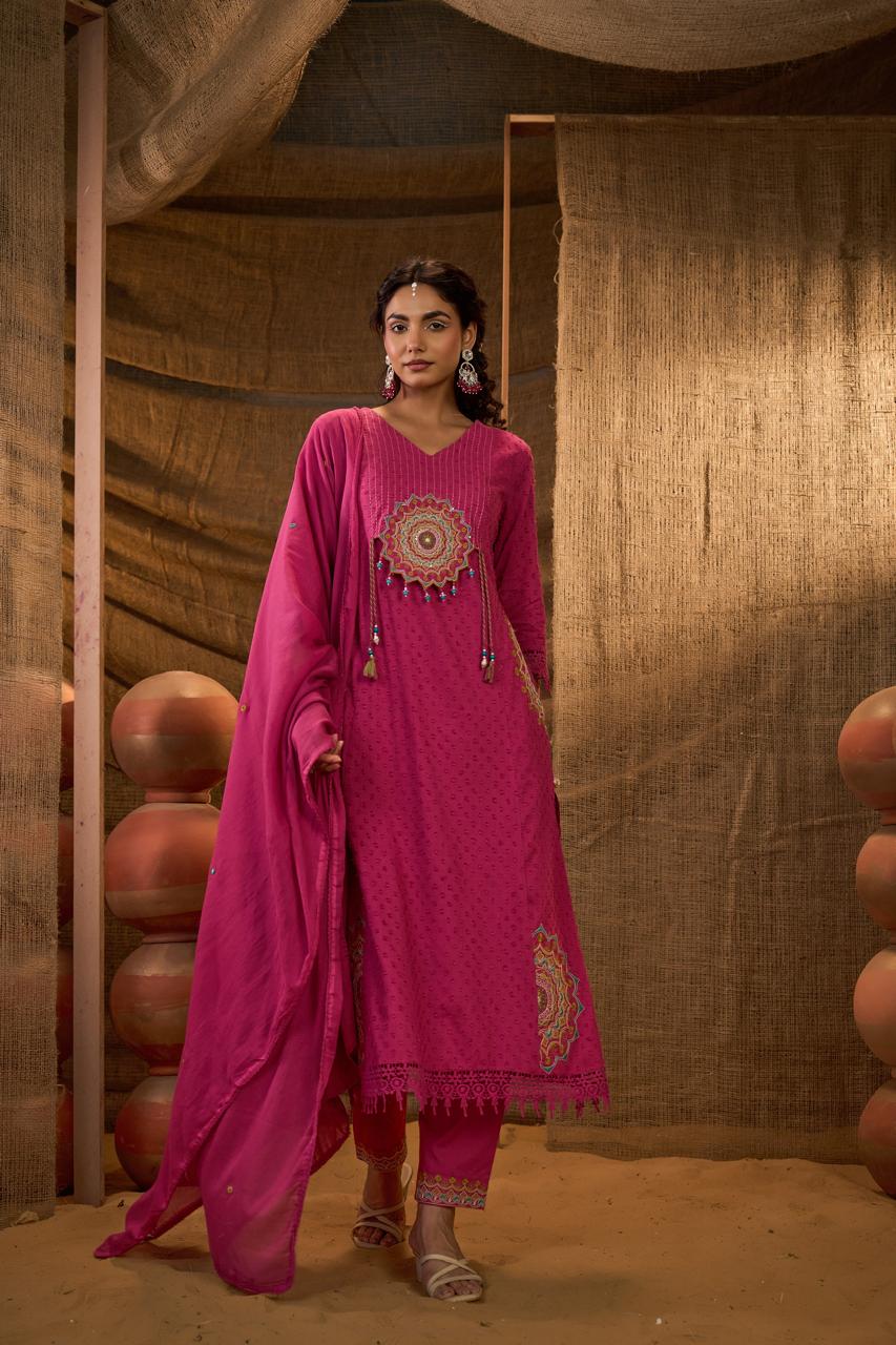 Rani Pink Mandala Embroidered Anarkali Suit Set with Dupatta