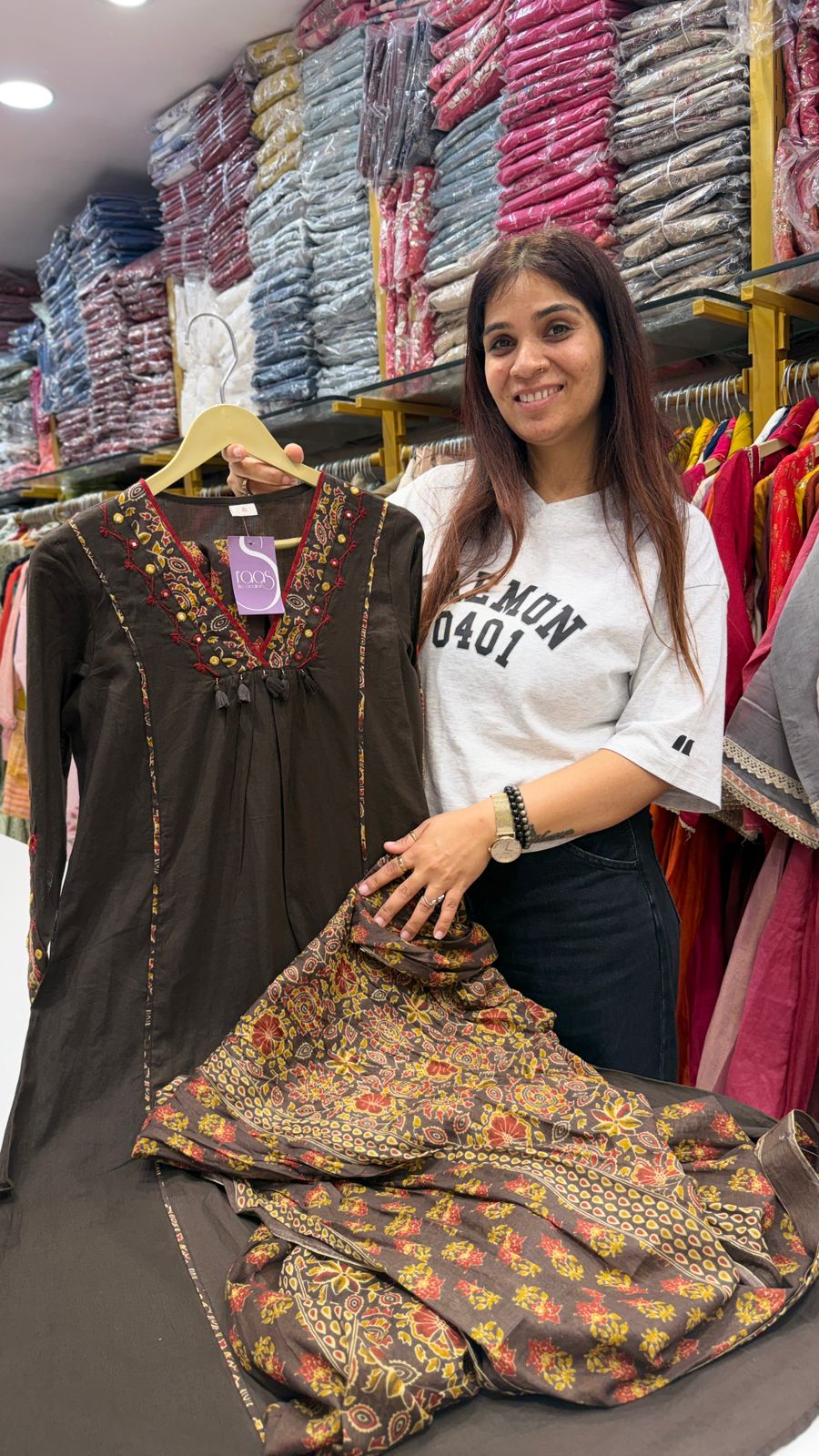 Black Grey Embroidered Kurta Set with Printed Dupatta