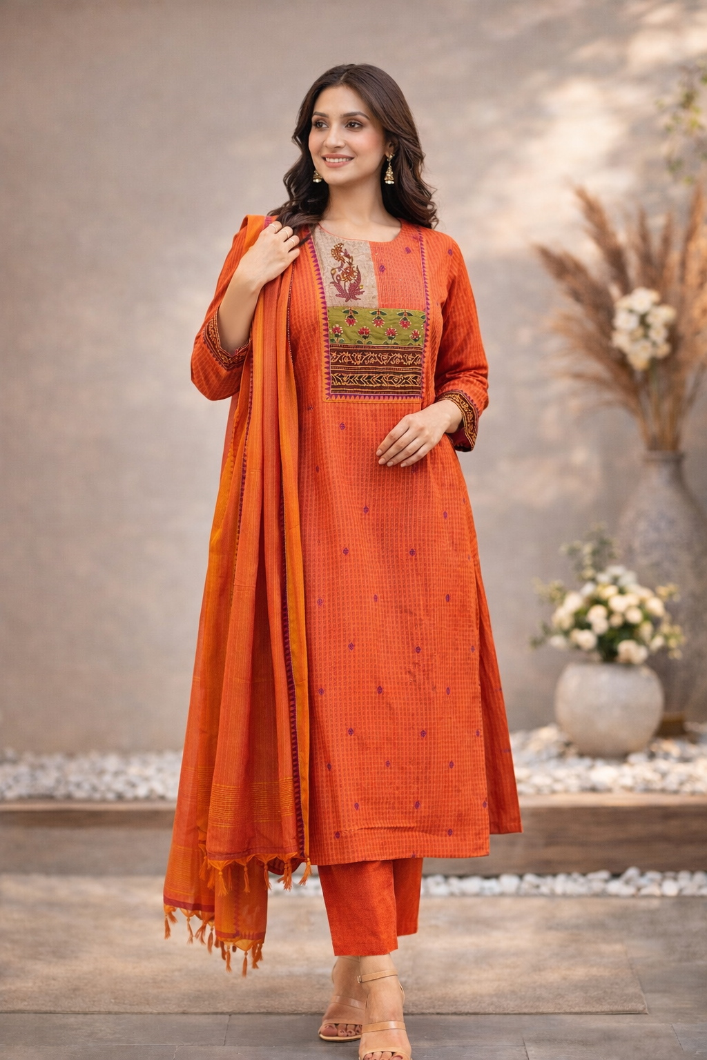 Rust Orange Handloom Cotton Kurta Set with Woven Dupatta