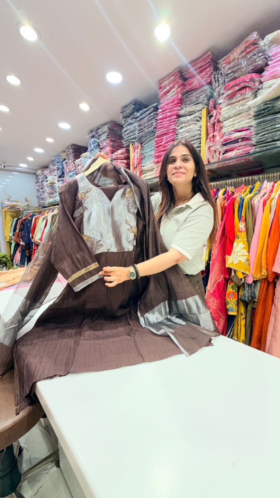 Mocha Moonlight Pure Mul Chanderi Suit Set