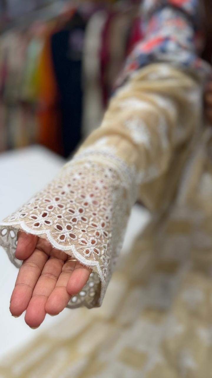 Beige Chikankari Anarkali Suit Set