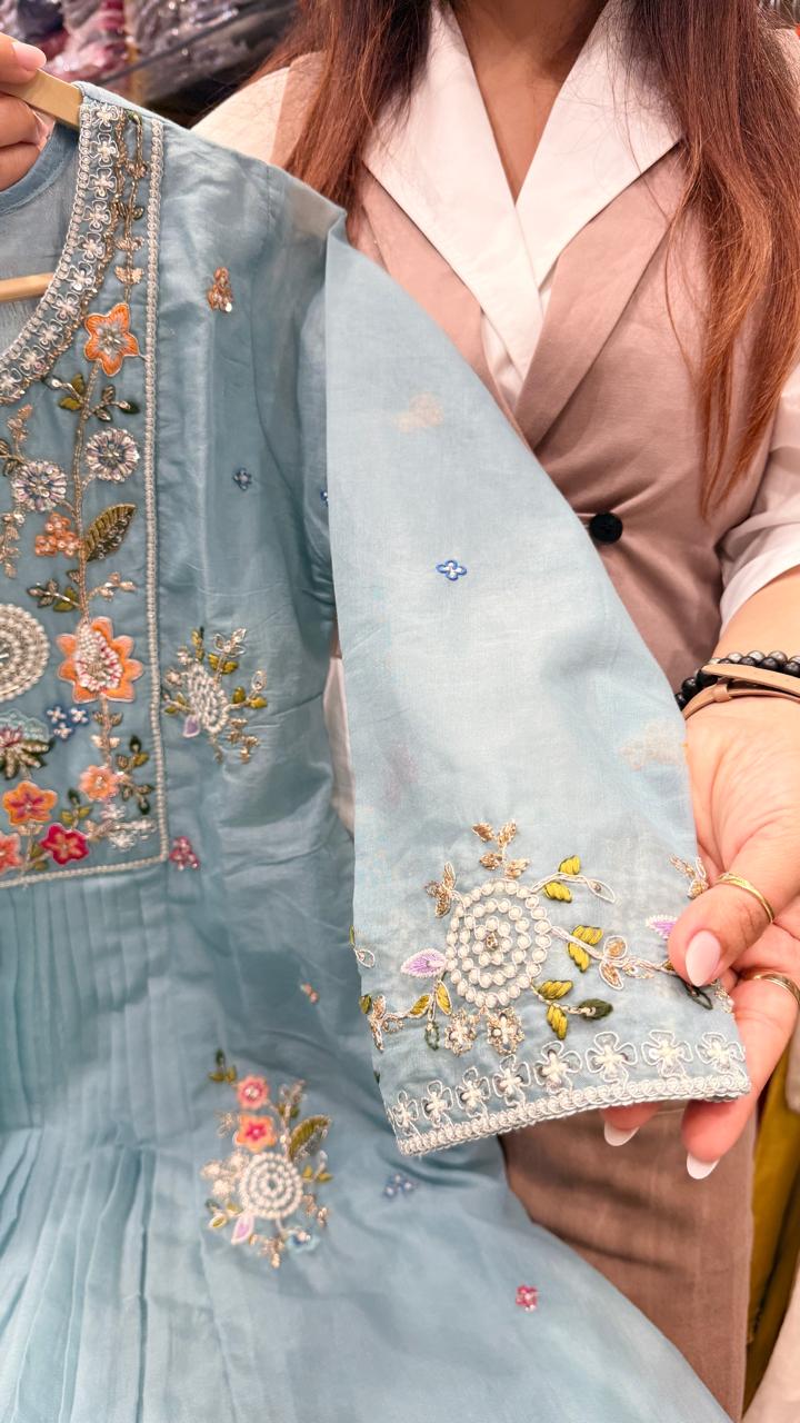Powder Blue Floral Embroidered Suit Set
