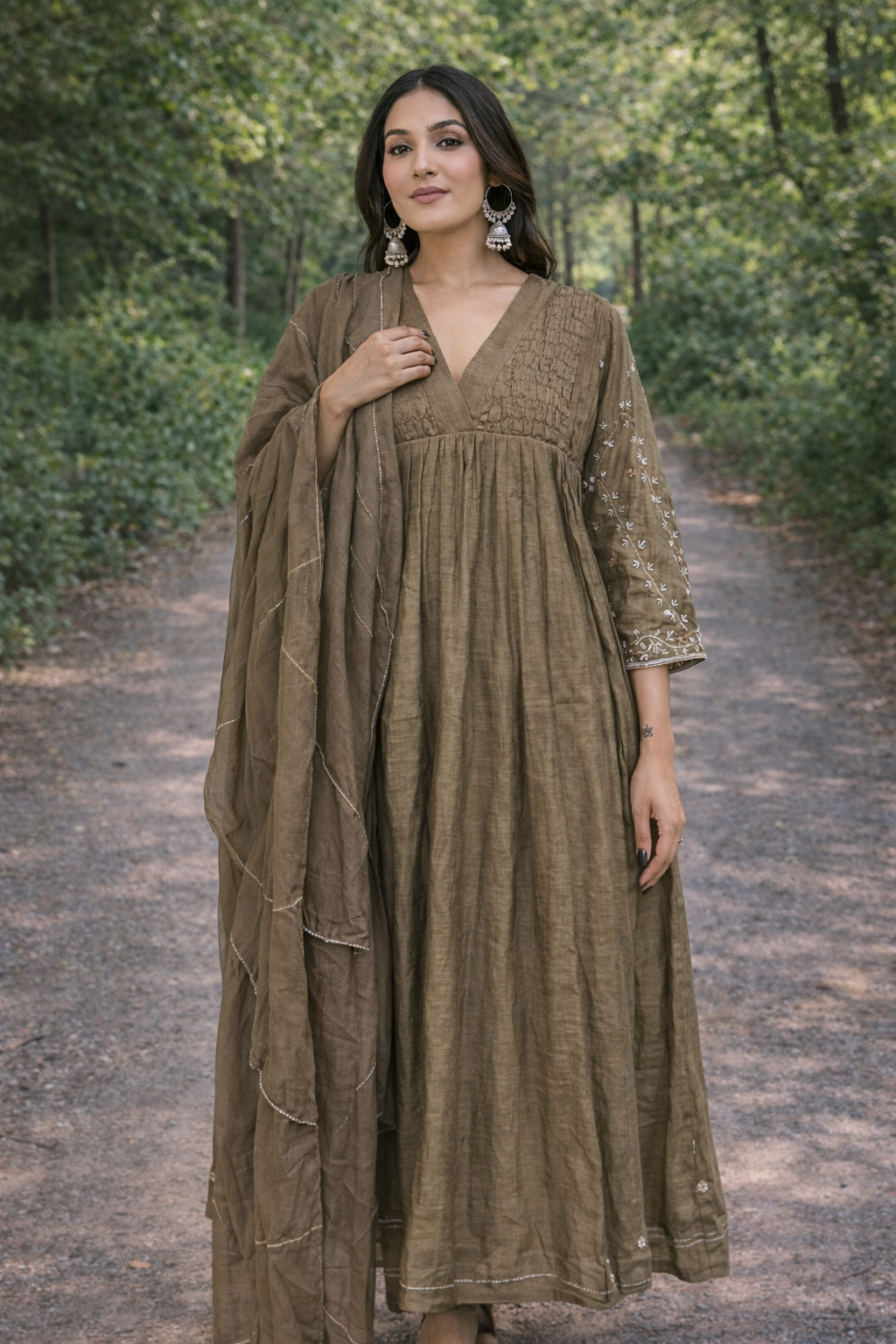 Olive Mocha Embroidered Gathered suit Set