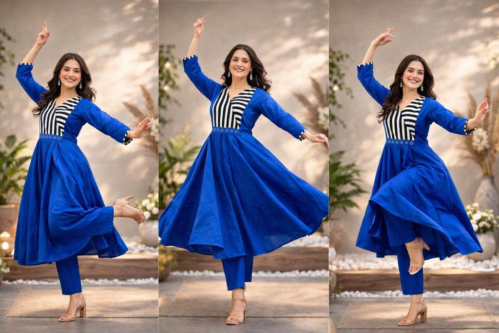 Royal Blue Striped Panel A-Line Kurta Set